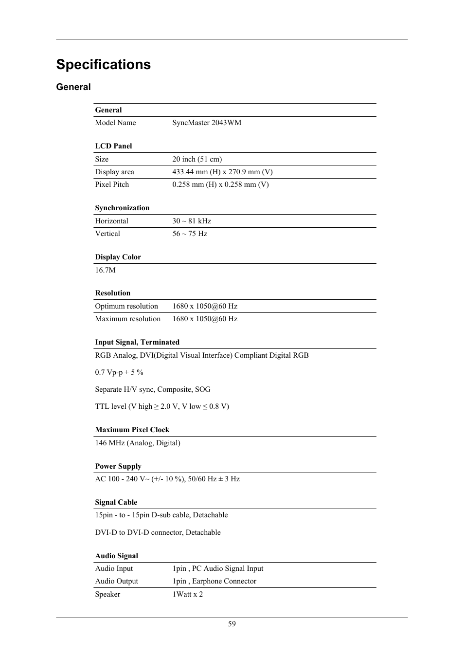 Specifications, 2043wm, General | Samsung 2043WM User Manual | Page 60 / 74
