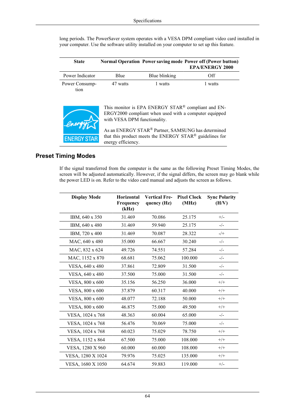 Preset timing modes | Samsung 2043WM User Manual | Page 65 / 74