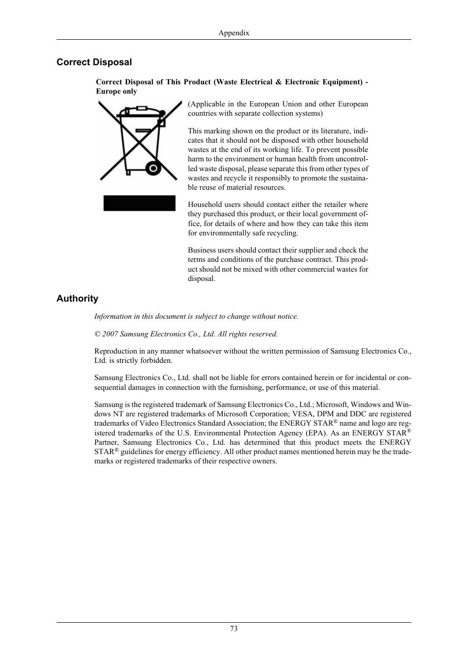 Correct disposal, Authority | Samsung 2043WM User Manual | Page 74 / 74