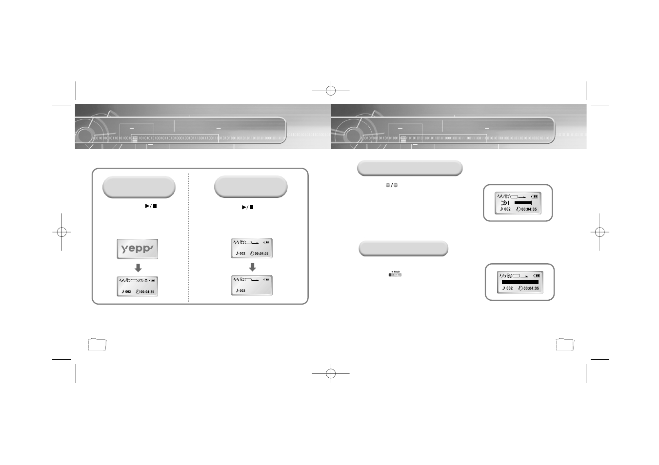 Listening to music with yepp, Setting up volume/hold functions, Adjusting the volume | Hold function, Playing music, Stopping music, Adjusting the volume hold function | Samsung YP-N30S User Manual | Page 14 / 28