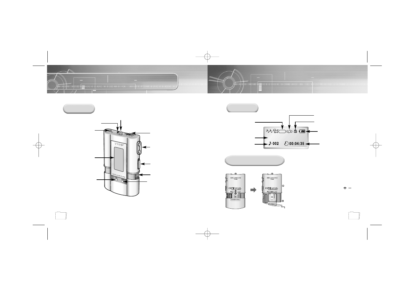 Location of controls (yepp), Location of controls, Yepp) | Front, Display inserting a battery | Samsung YP-N30S User Manual | Page 6 / 28