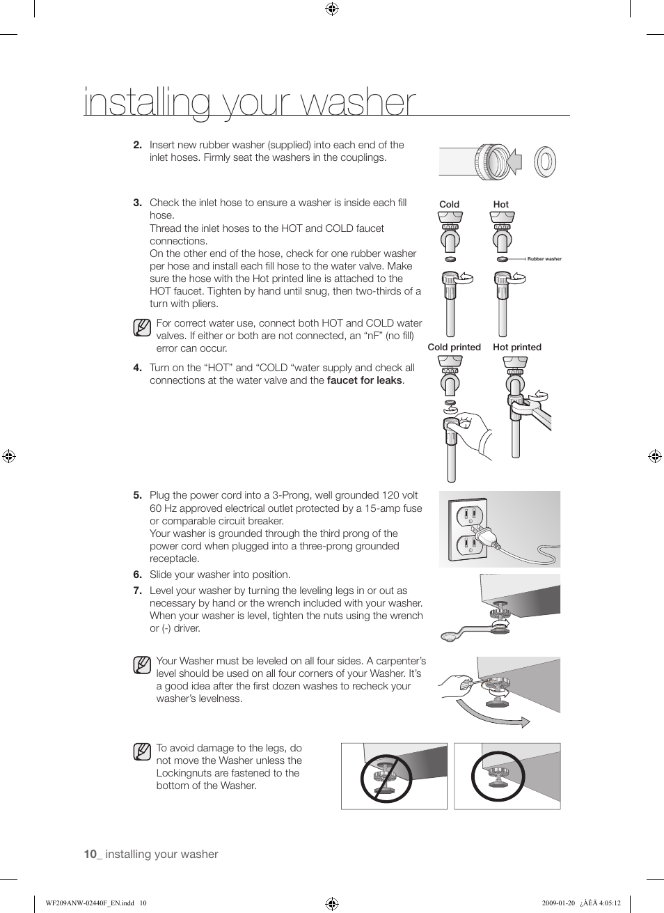 Installing your washer | Samsung WF209 User Manual | Page 10 / 56