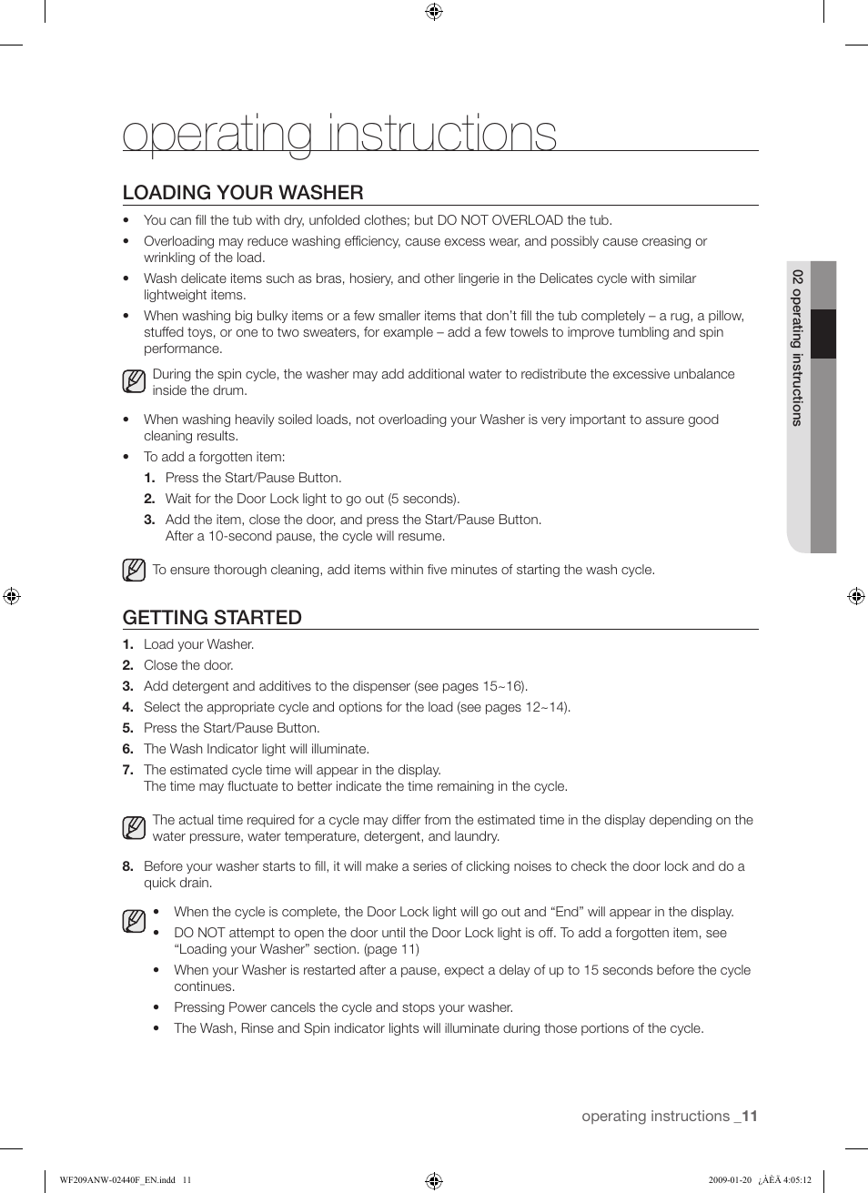 Operating instructions, Loading your washer, Getting started | Samsung WF209 User Manual | Page 11 / 56