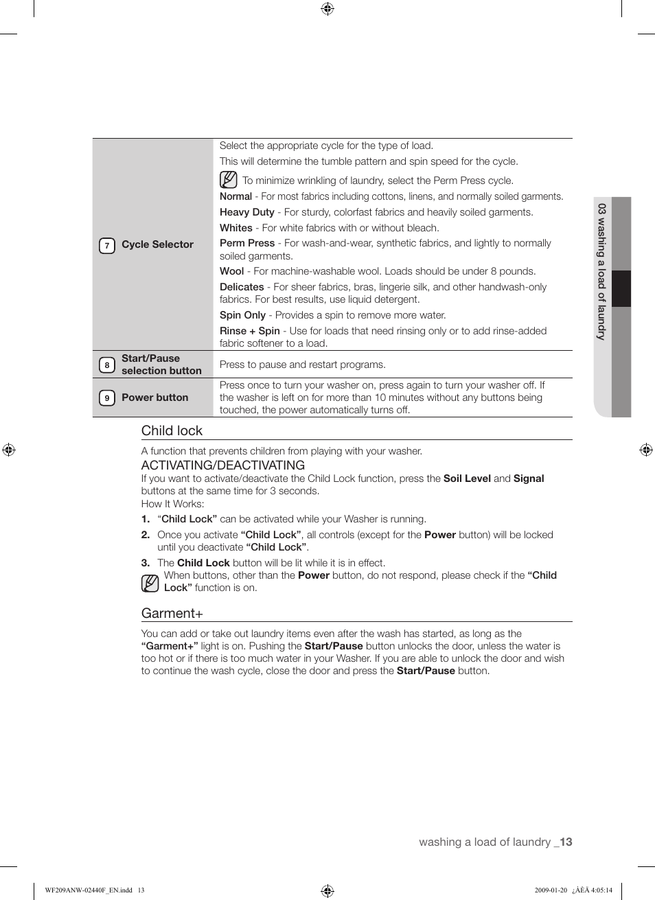 Child lock, Garment | Samsung WF209 User Manual | Page 13 / 56