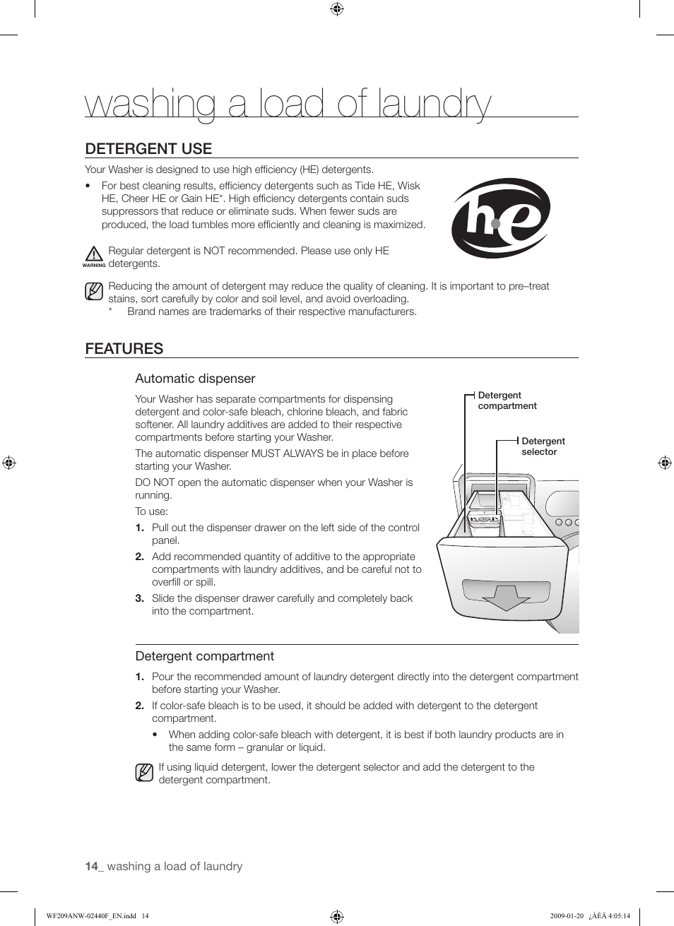 Washing a load of laundry, Detergent use, Features | Samsung WF209 User Manual | Page 14 / 56