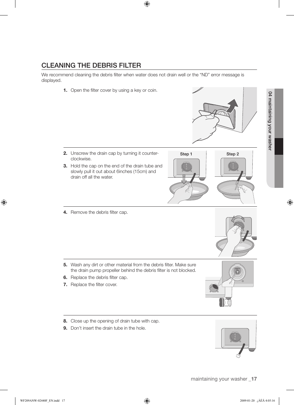 Cleaning the debris filter | Samsung WF209 User Manual | Page 17 / 56