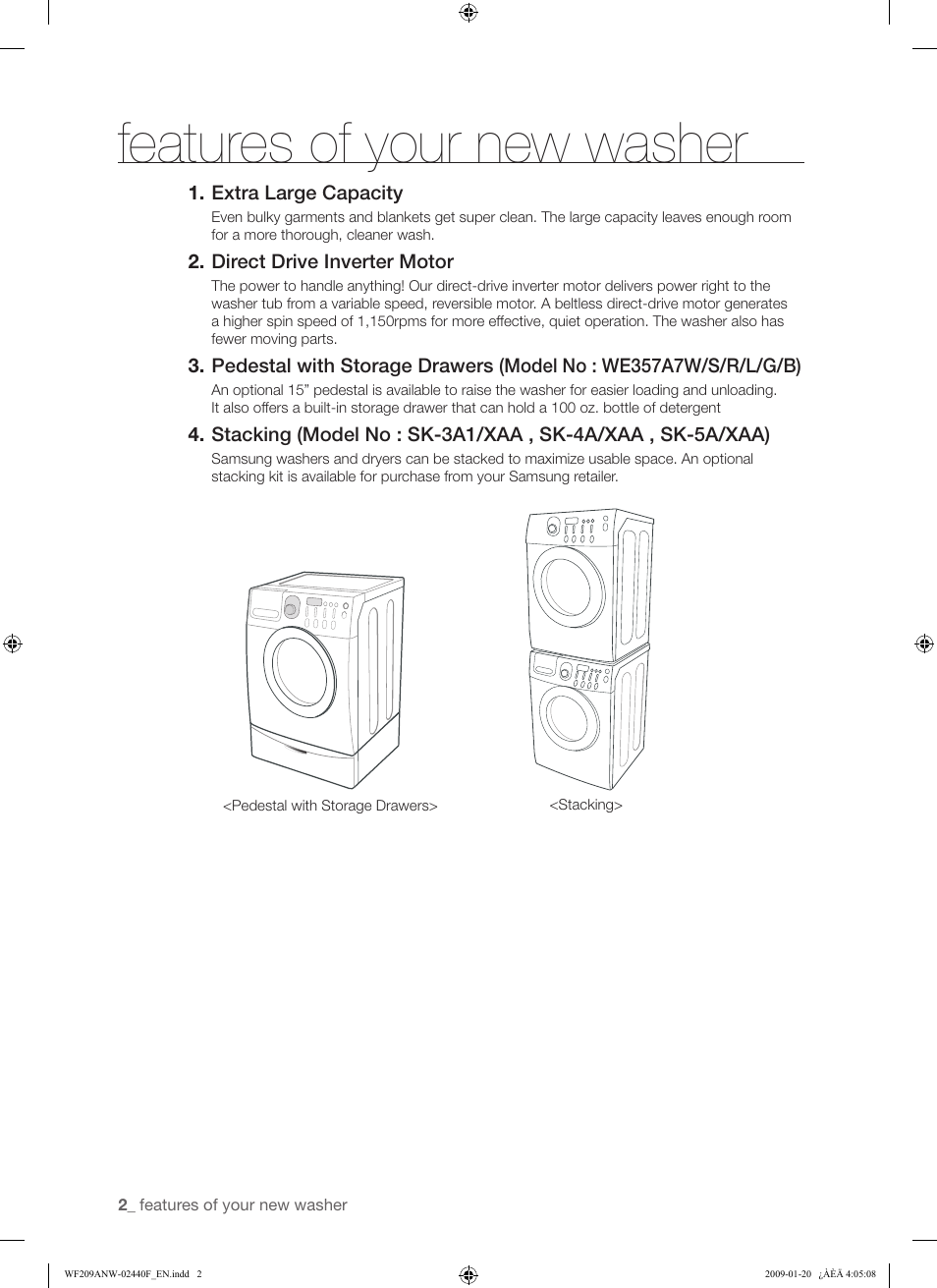 Features of your new washer | Samsung WF209 User Manual | Page 2 / 56