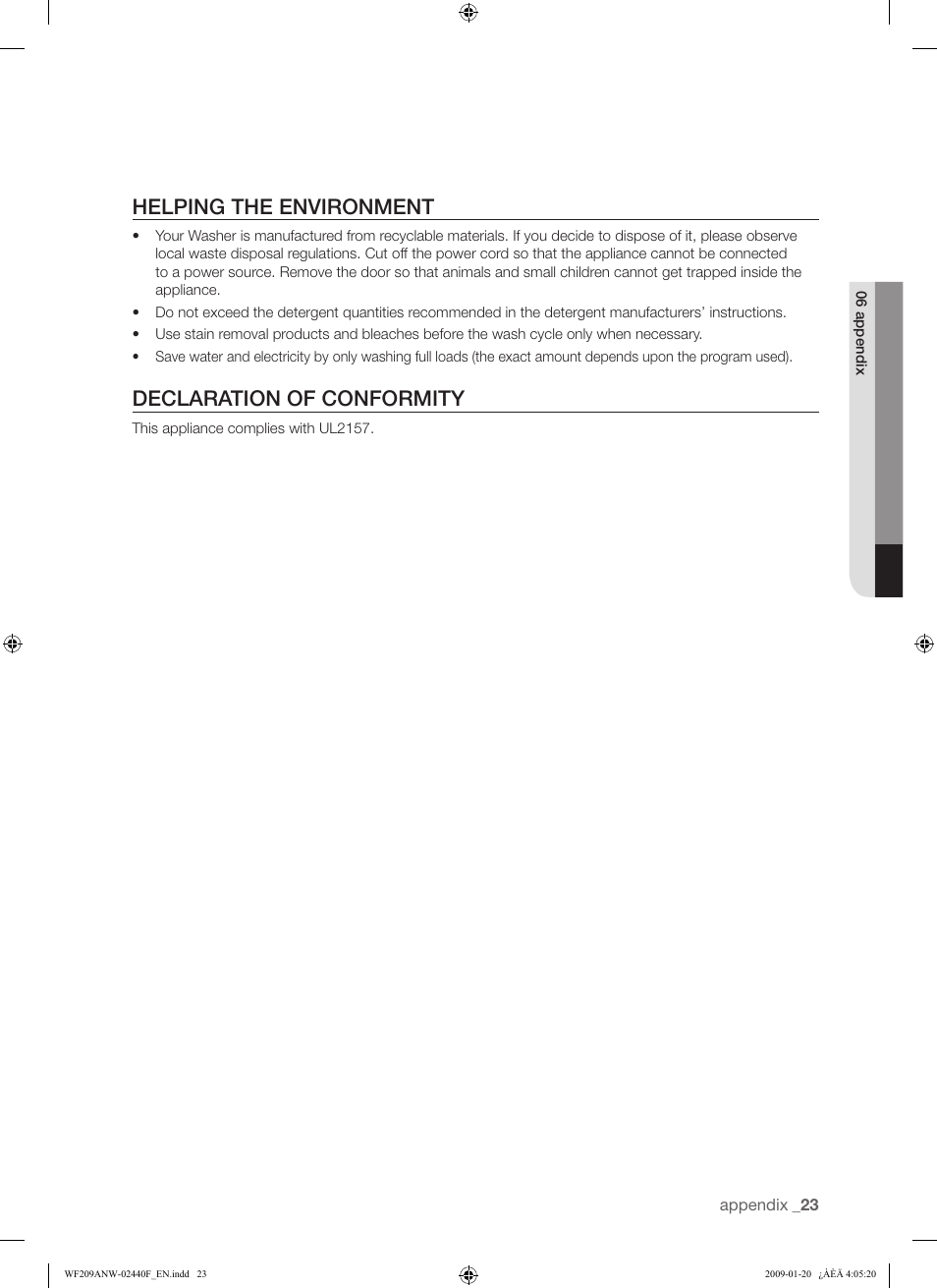 Helping the environment, Declaration of conformity | Samsung WF209 User Manual | Page 23 / 56