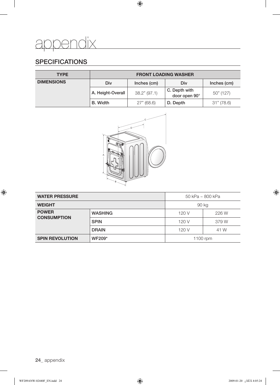 Appendix, Specifications | Samsung WF209 User Manual | Page 24 / 56