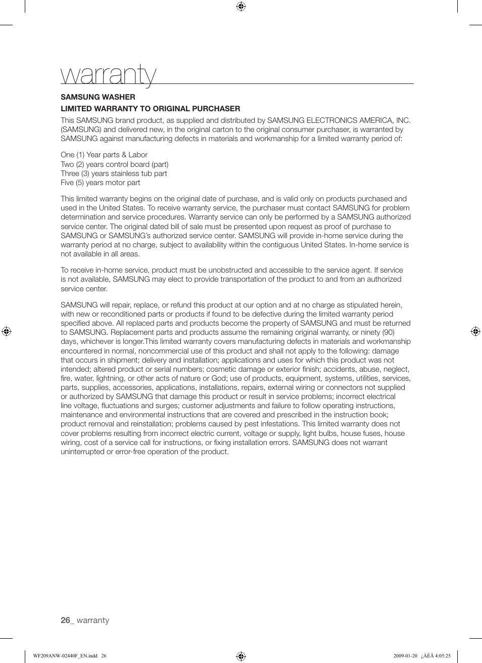 Warranty | Samsung WF209 User Manual | Page 26 / 56