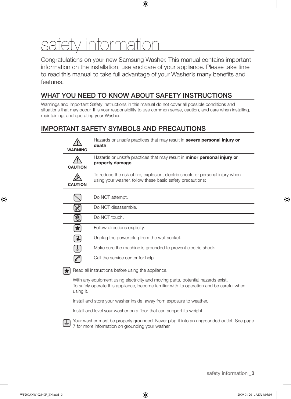 Safety information, What you need to know about safety instructions, Important safety symbols and precautions | Samsung WF209 User Manual | Page 3 / 56