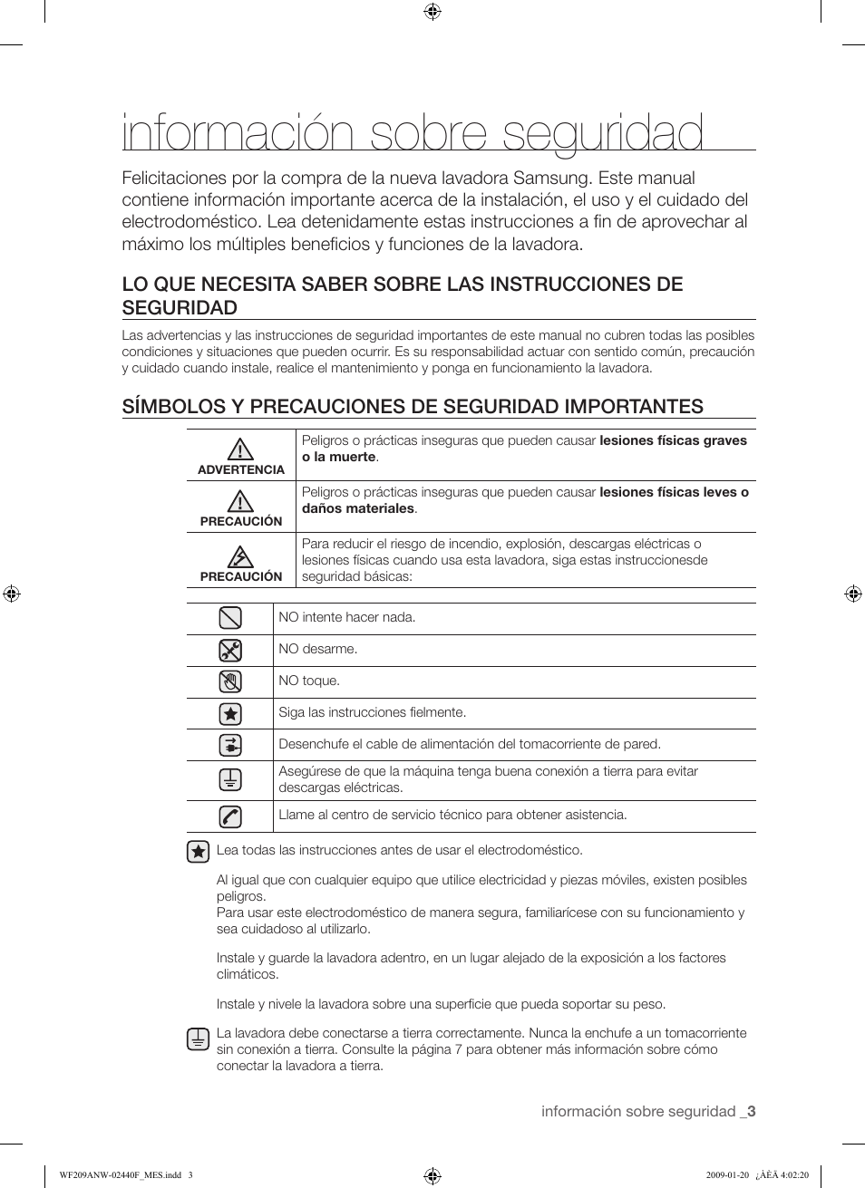 Información sobre seguridad, Símbolos y precauciones de seguridad importantes | Samsung WF209 User Manual | Page 31 / 56