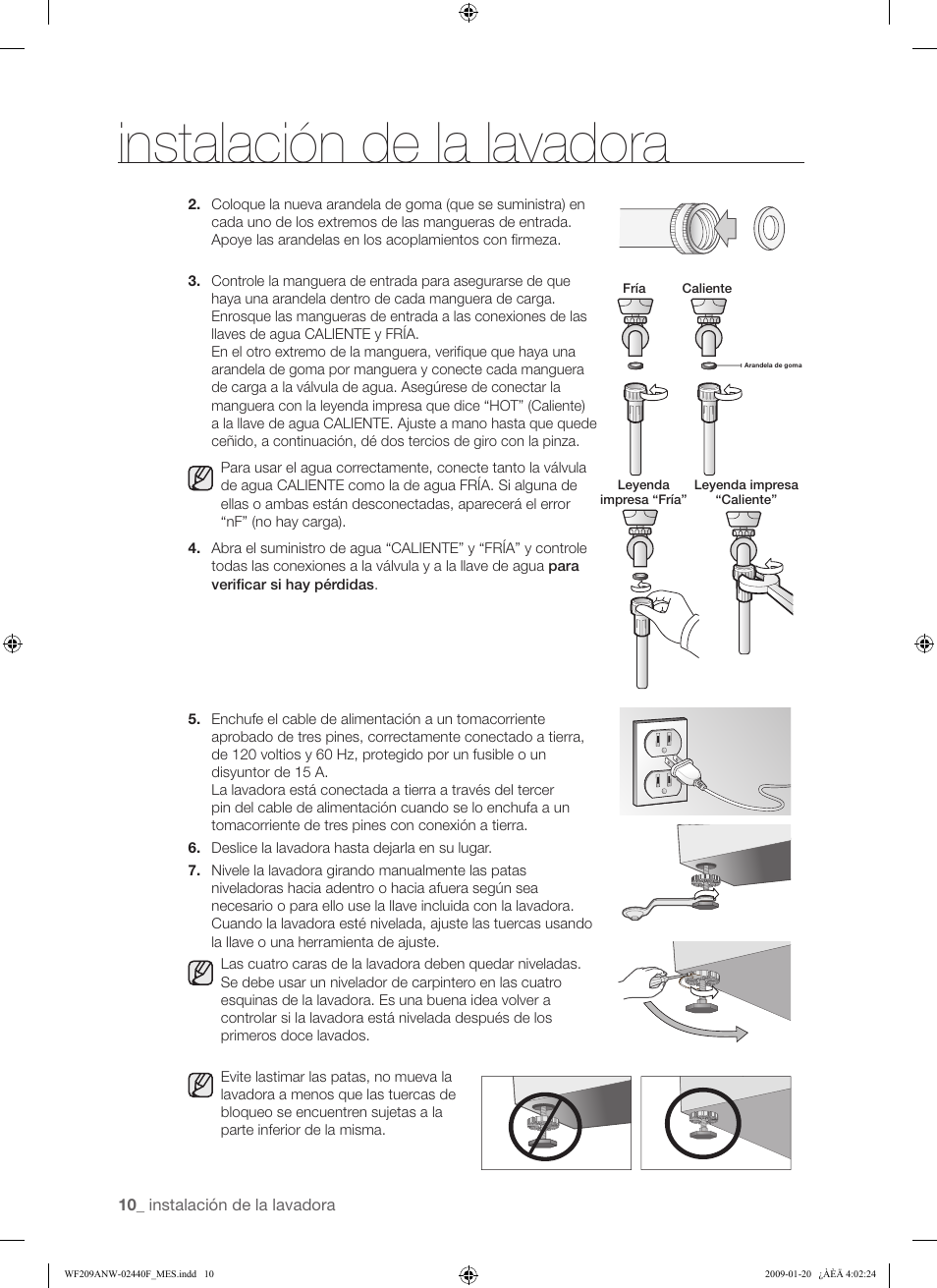 Instalación de la lavadora | Samsung WF209 User Manual | Page 38 / 56