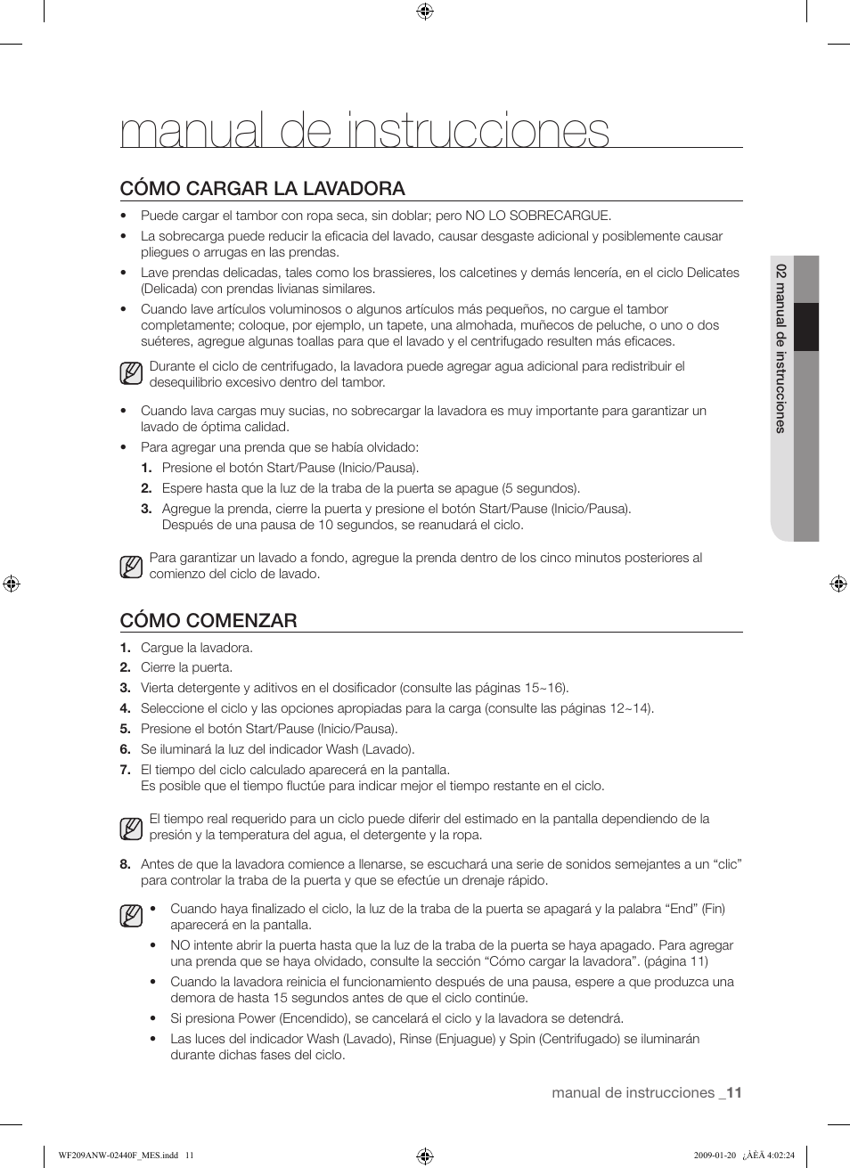 Manual de instrucciones, Cómo cargar la lavadora, Cómo comenzar | Samsung WF209 User Manual | Page 39 / 56