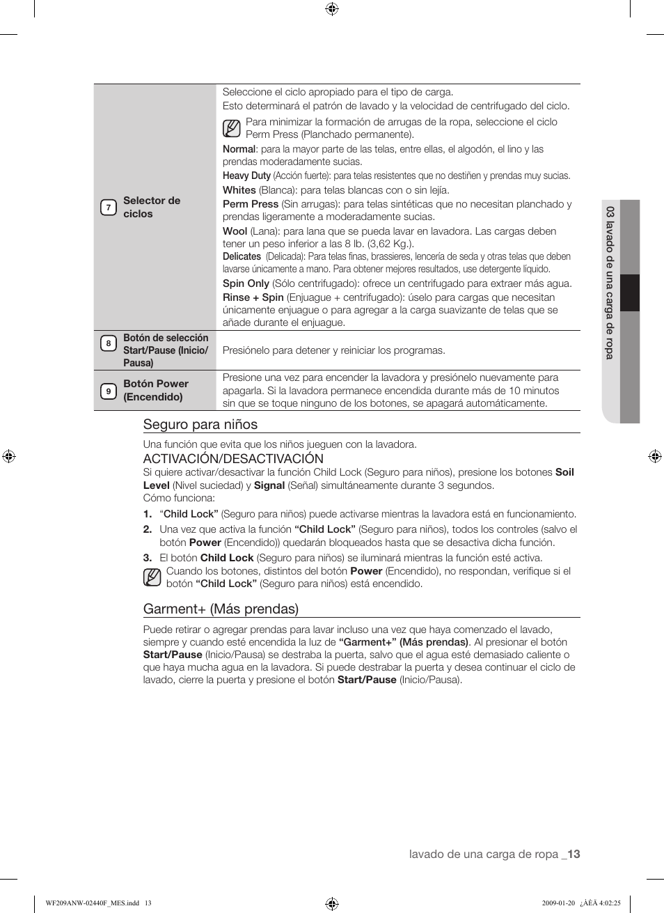 Seguro para niños, Garment+ (más prendas) | Samsung WF209 User Manual | Page 41 / 56