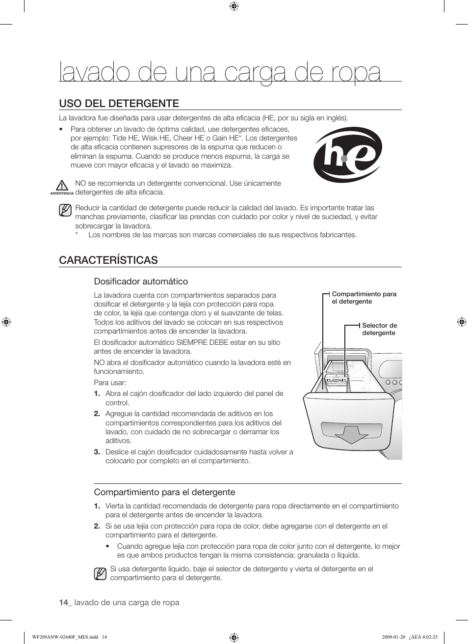 Lavado de una carga de ropa, Uso del detergente, Características | Samsung WF209 User Manual | Page 42 / 56