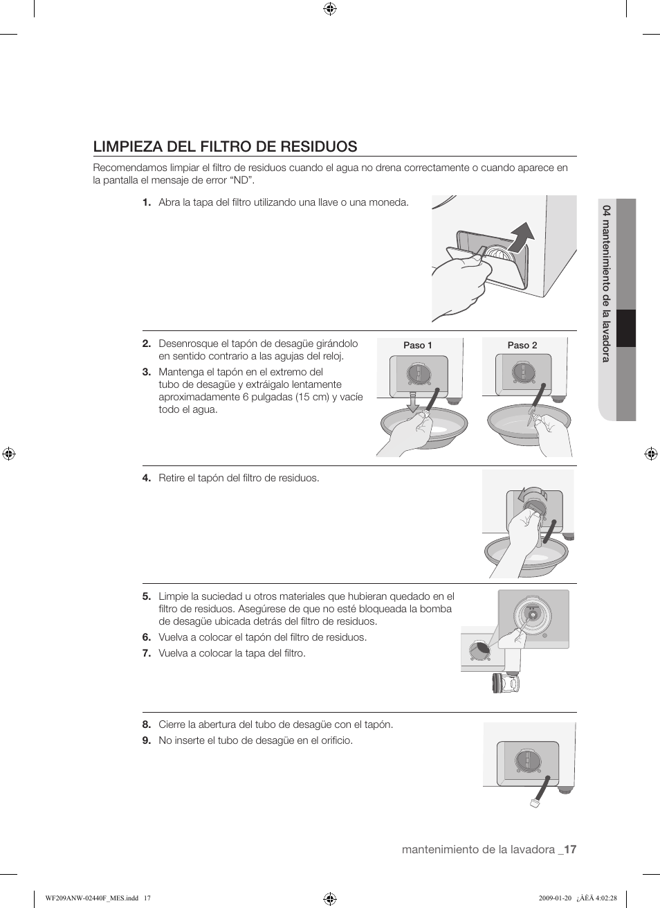 Limpieza del filtro de residuos | Samsung WF209 User Manual | Page 45 / 56