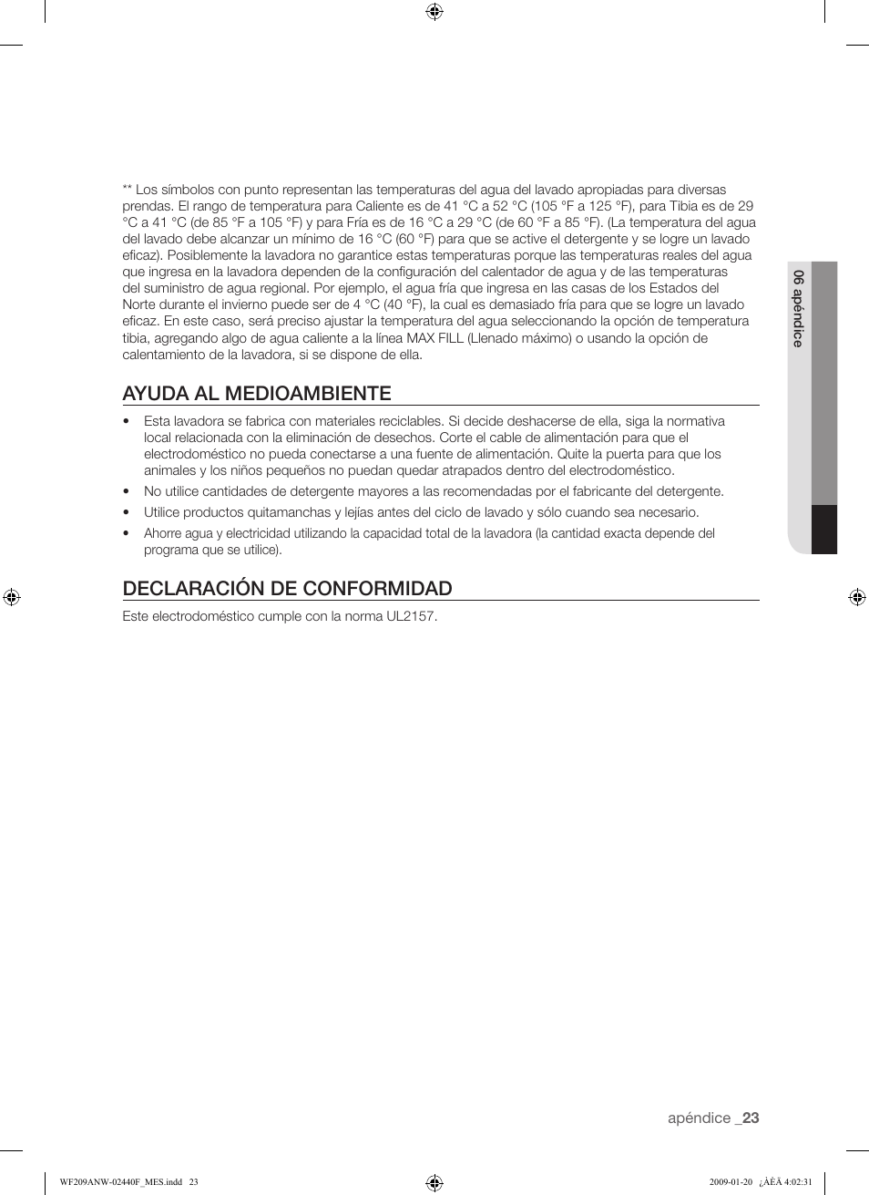 Ayuda al medioambiente, Declaración de conformidad | Samsung WF209 User Manual | Page 51 / 56