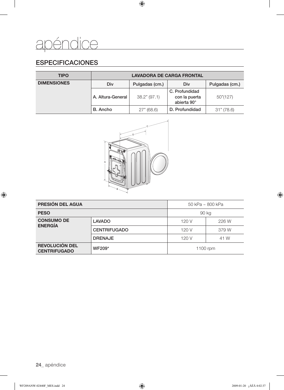 Apéndice, Especificaciones | Samsung WF209 User Manual | Page 52 / 56
