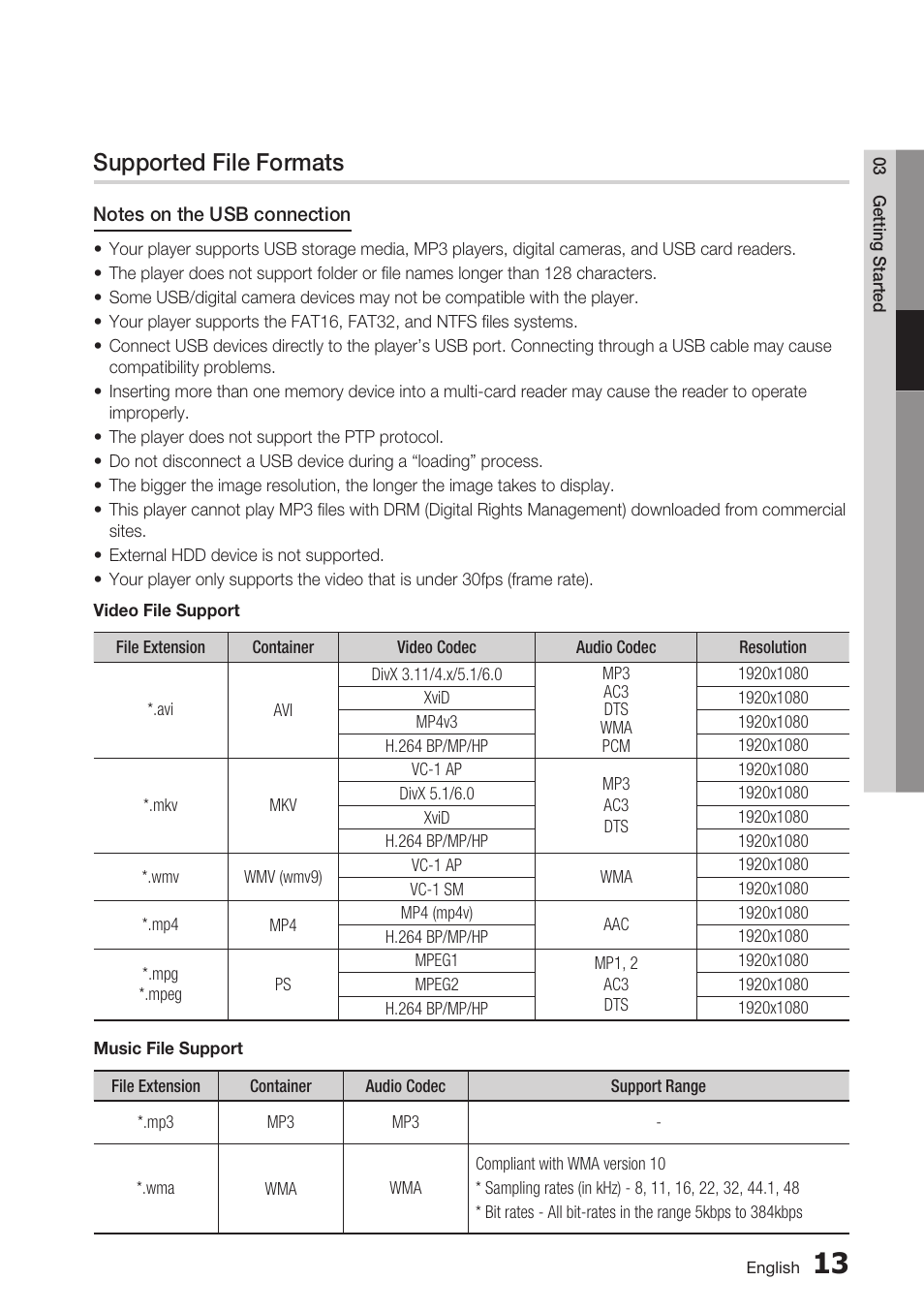 Supported file formats | Samsung BD-D5700 User Manual | Page 13 / 70