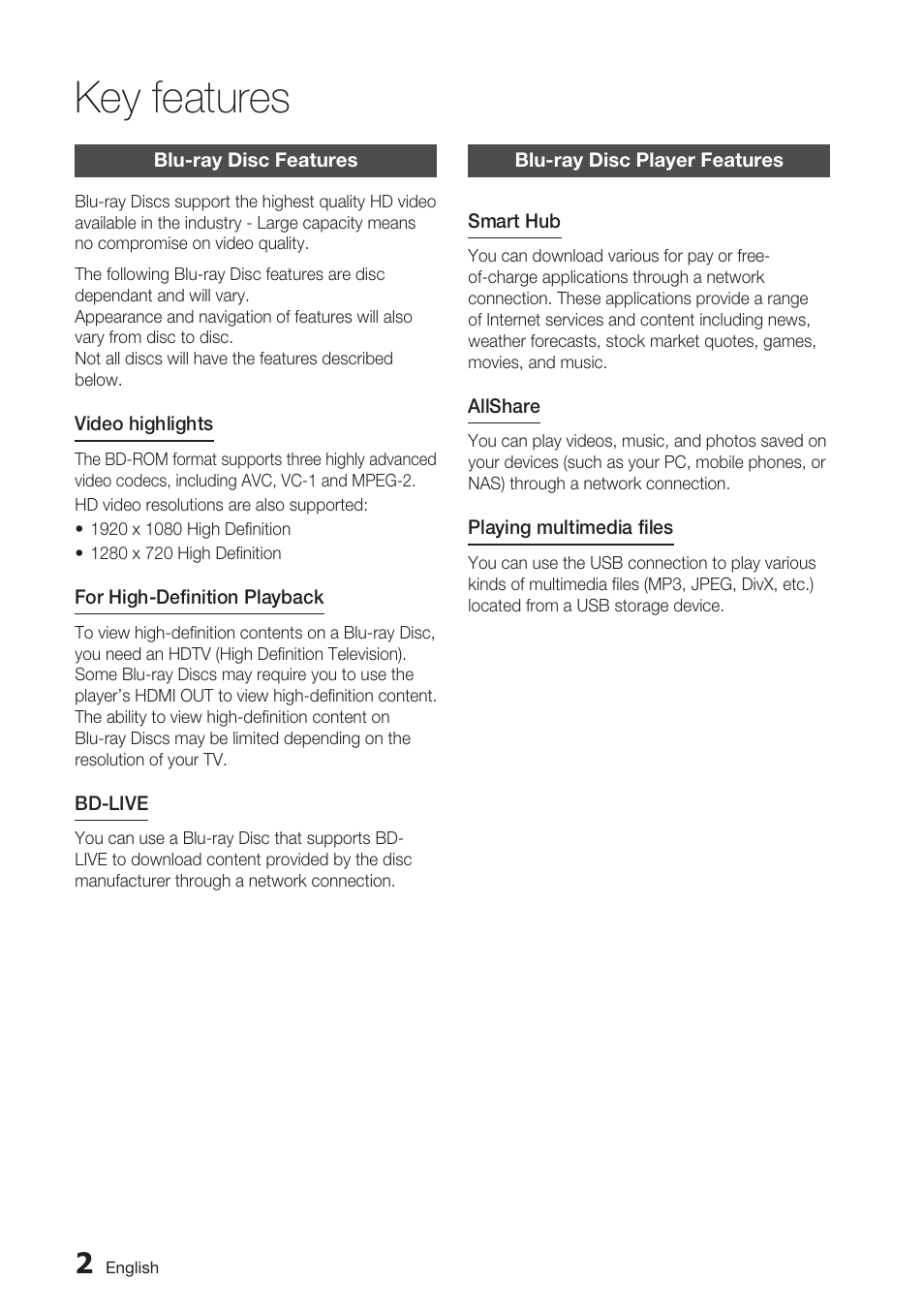 Key features, Blu-ray disc features, Blu-ray disc player features | Samsung BD-D5700 User Manual | Page 2 / 70