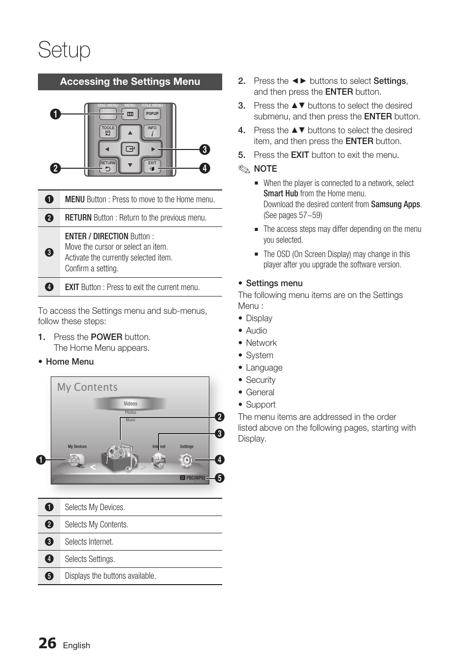 Accessing the settings menu, Setup, My contents | Samsung BD-D5700 User Manual | Page 26 / 70