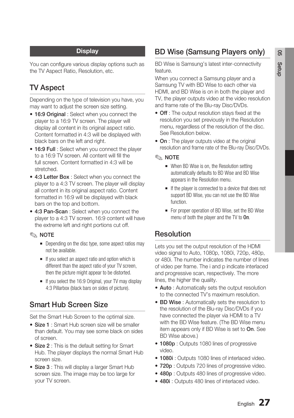 Display, Tv aspect, Smart hub screen size | Bd wise (samsung players only), Resolution | Samsung BD-D5700 User Manual | Page 27 / 70