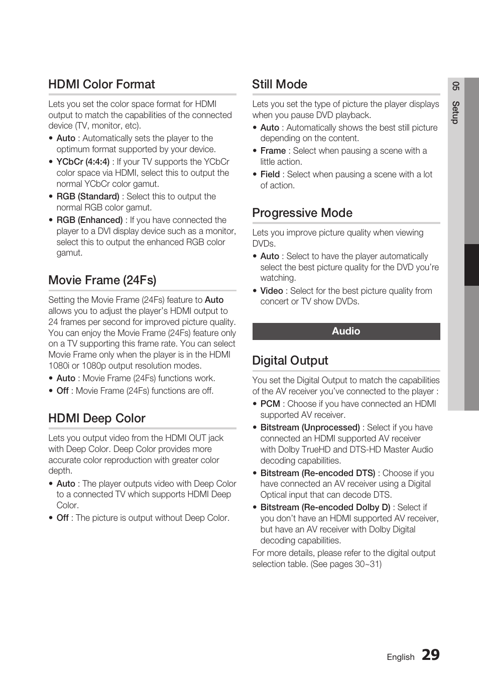 Hdmi color format, Movie frame (24fs), Hdmi deep color | Still mode, Progressive mode, Audio, Digital output | Samsung BD-D5700 User Manual | Page 29 / 70