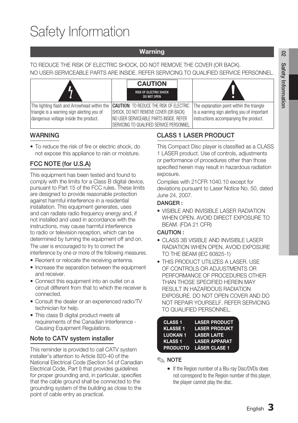 Safety information, Warning | Samsung BD-D5700 User Manual | Page 3 / 70