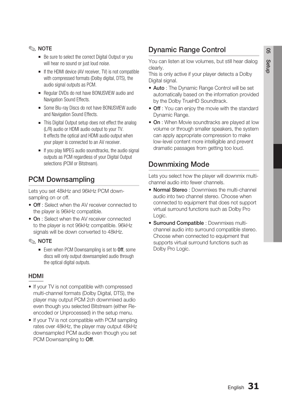 Pcm downsampling, Dynamic range control, Downmixing mode | Samsung BD-D5700 User Manual | Page 31 / 70