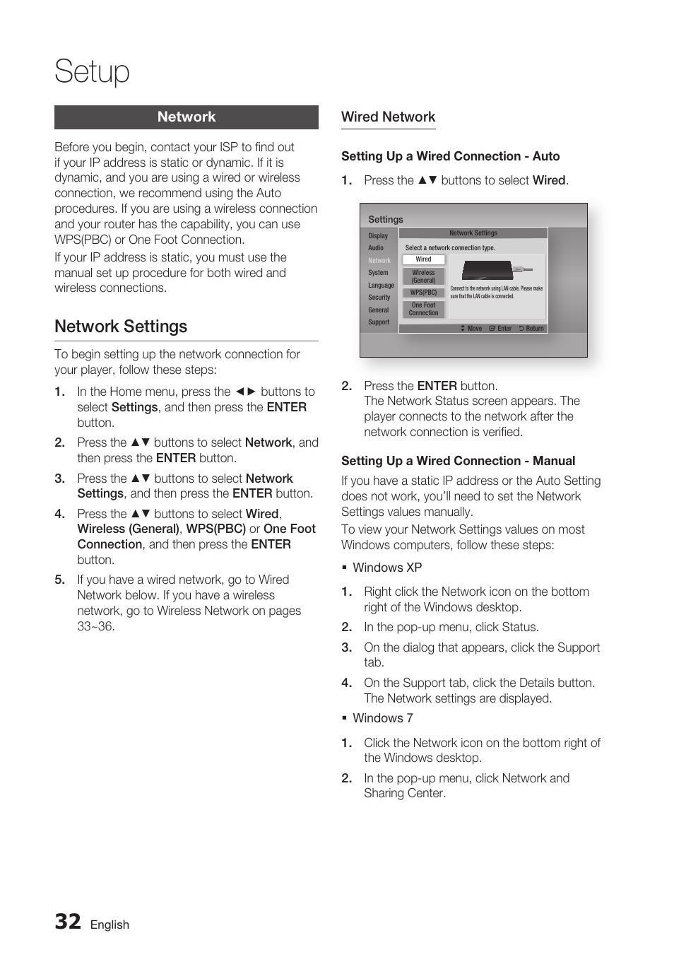 Network, Network settings, Setup | Samsung BD-D5700 User Manual | Page 32 / 70