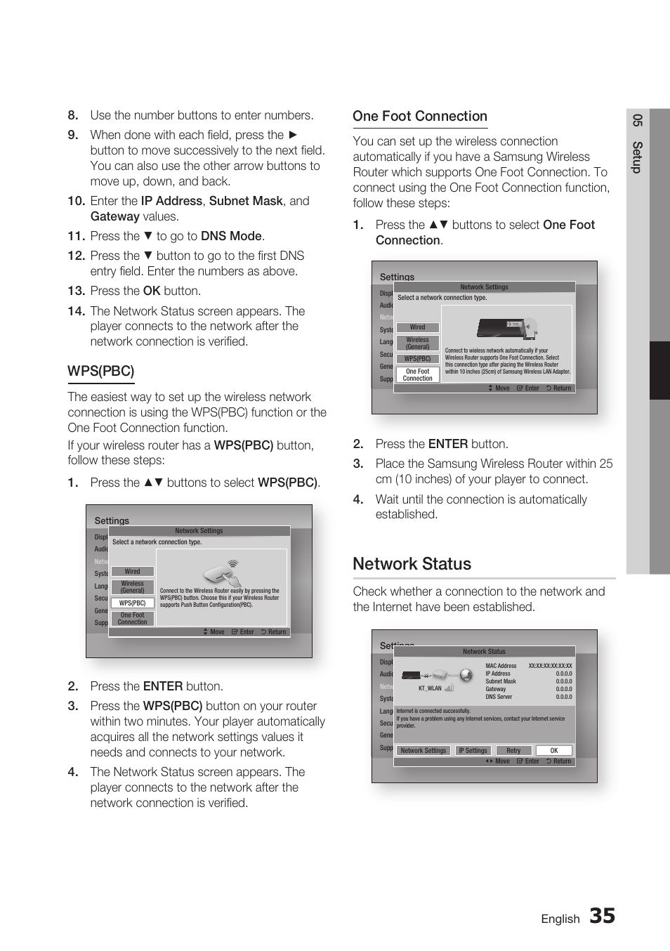 Network status, Wps(pbc), One foot connection | Samsung BD-D5700 User Manual | Page 35 / 70