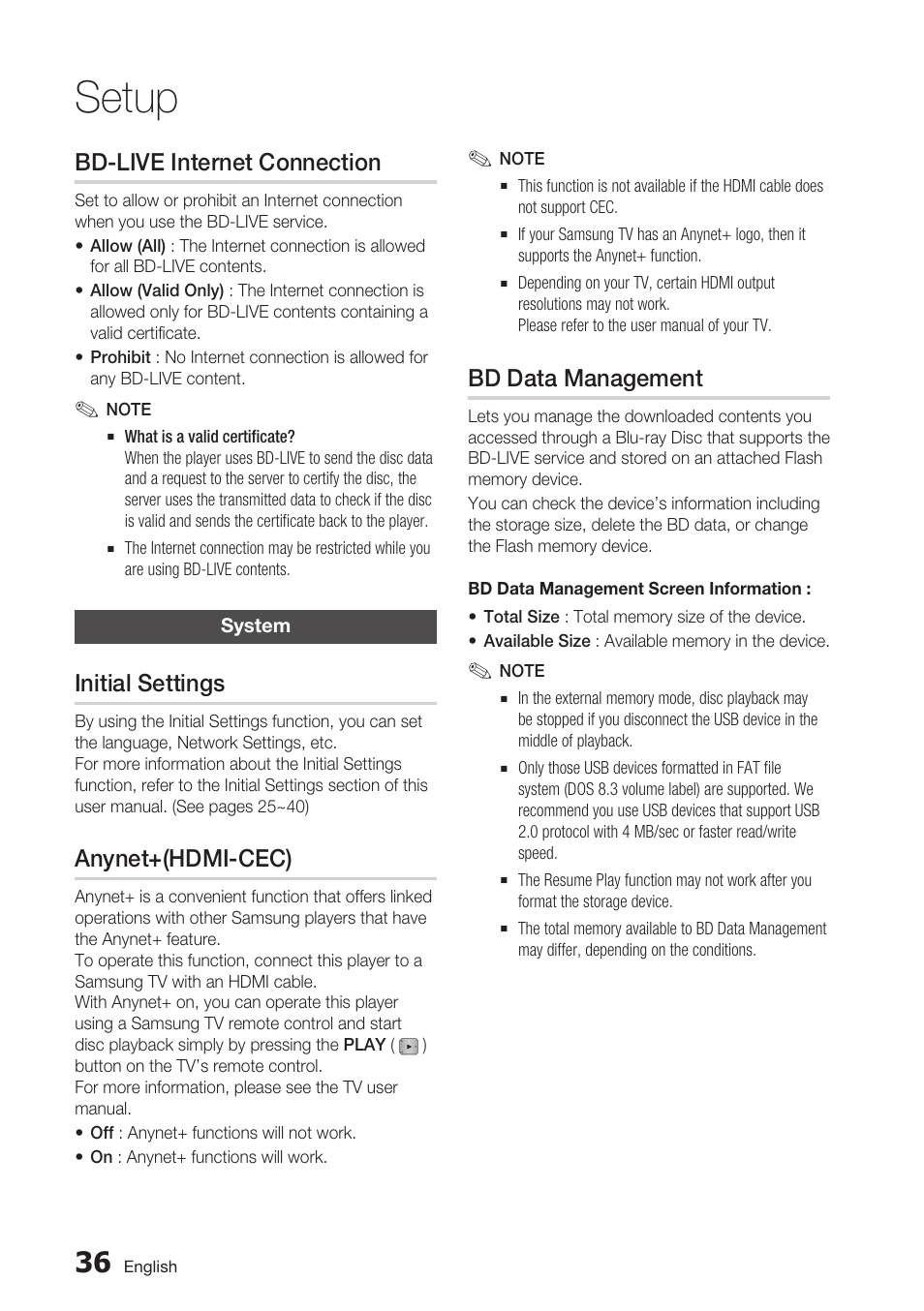 Bd-live internet connection, System, Initial settings | Anynet+(hdmi-cec), Bd data management, Setup | Samsung BD-D5700 User Manual | Page 36 / 70