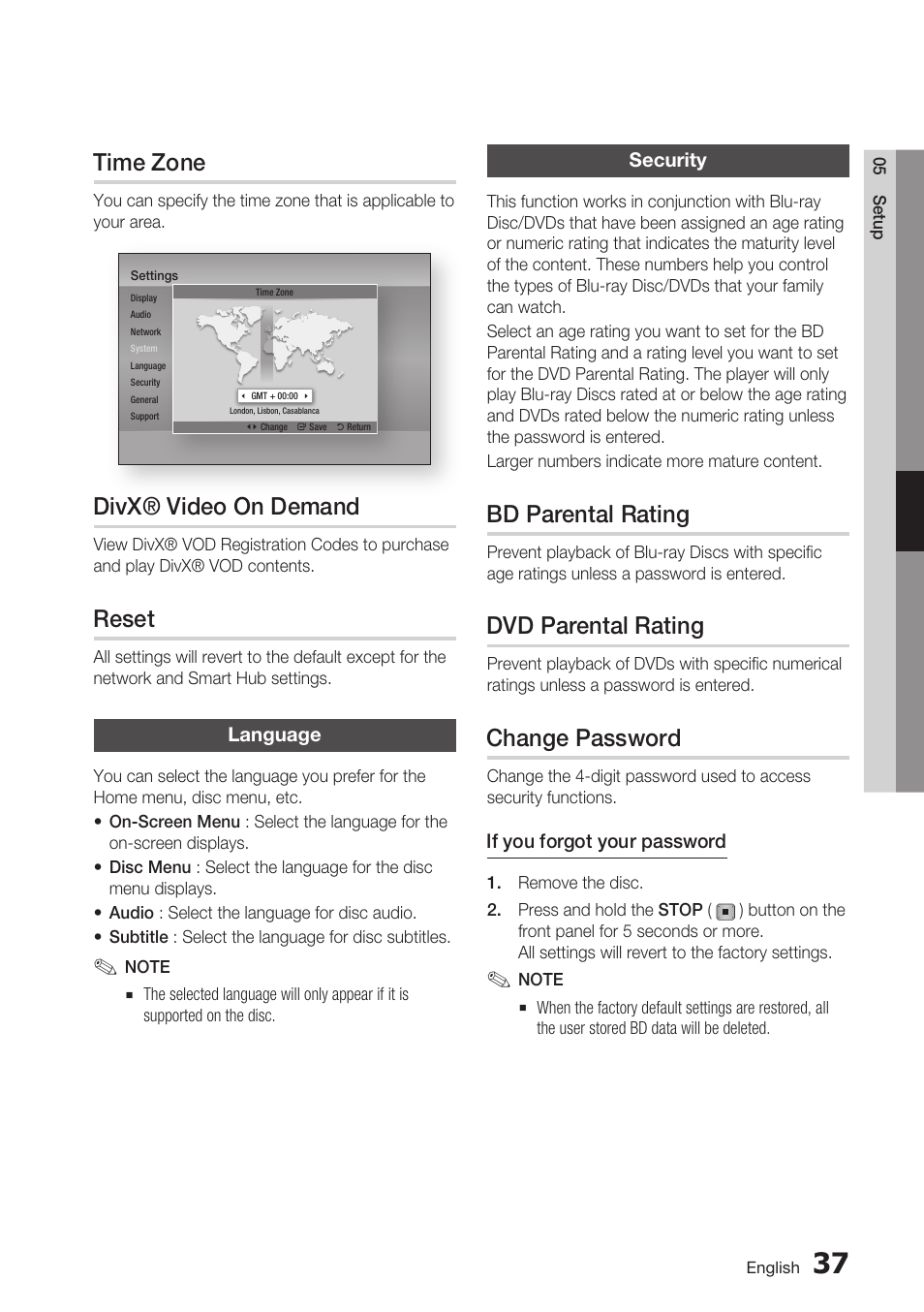 Time zone, Divx® video on demand, Reset | Language, Security, Bd parental rating, Dvd parental rating, Change password | Samsung BD-D5700 User Manual | Page 37 / 70