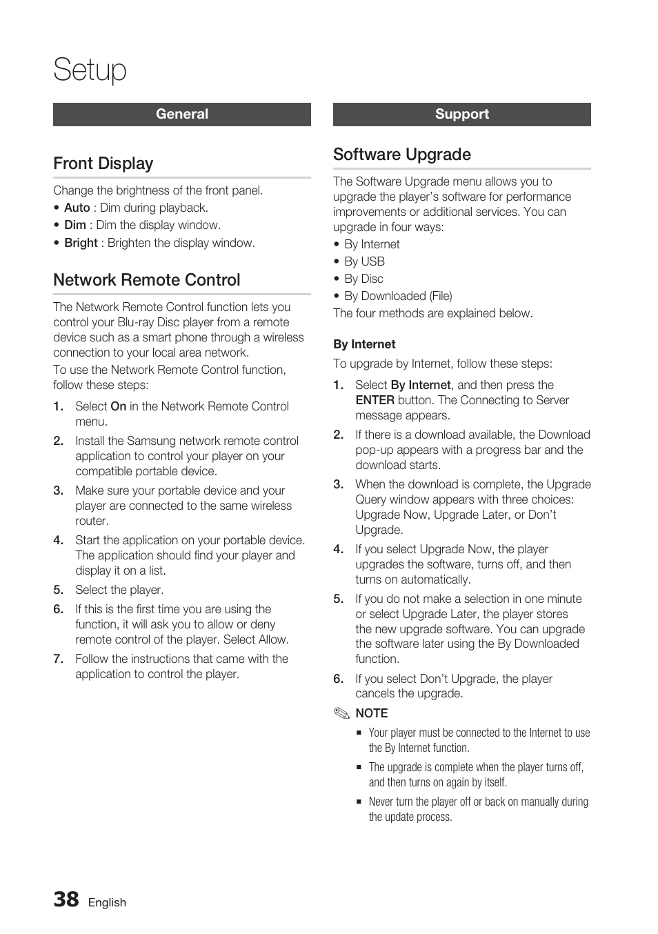 General, Front display, Network remote control | Support, Software upgrade, Setup | Samsung BD-D5700 User Manual | Page 38 / 70