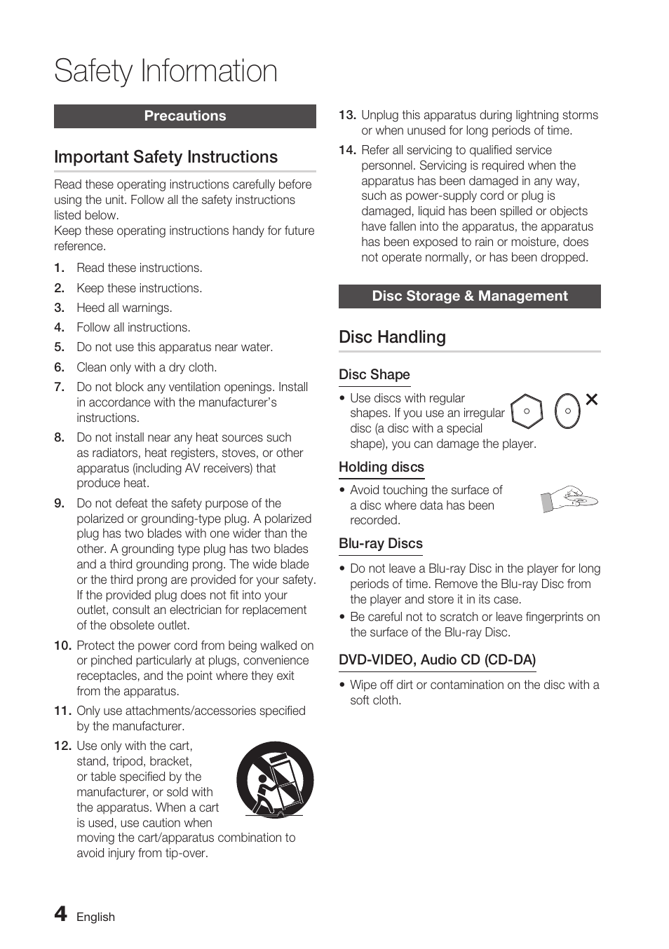 Precautions, Important safety instructions, Disc storage & management | Disc handling, Safety information | Samsung BD-D5700 User Manual | Page 4 / 70