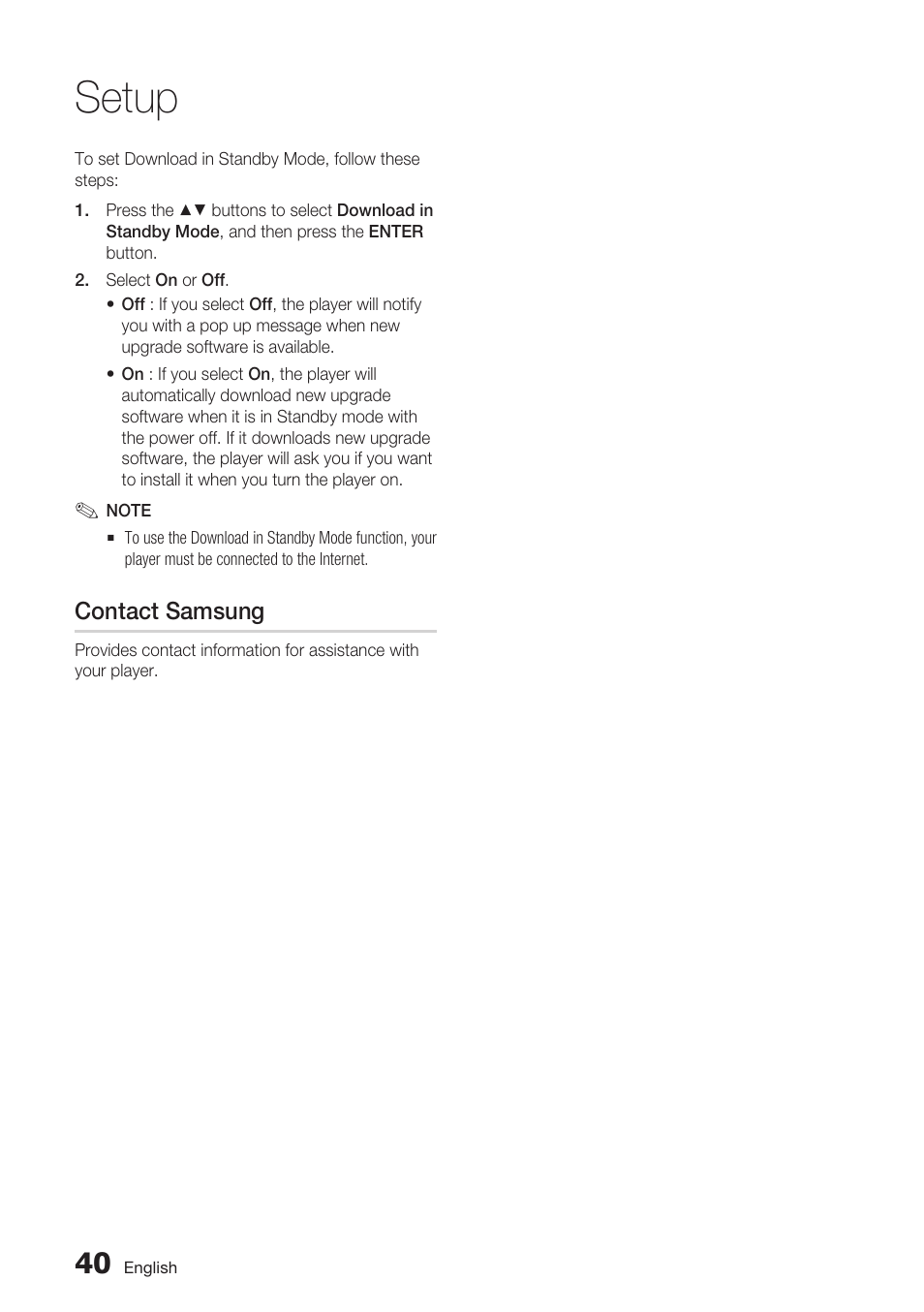 Contact samsung, Setup | Samsung BD-D5700 User Manual | Page 40 / 70
