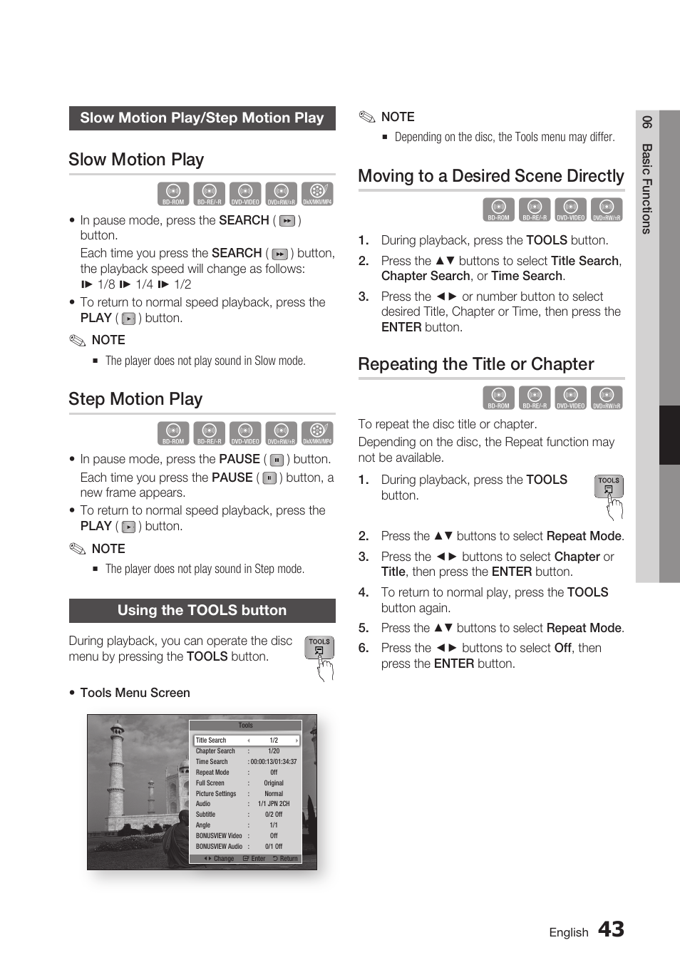 Slow motion play/step motion play, Slow motion play, Step motion play | Using the tools button, Moving to a desired scene directly, Repeating the title or chapter | Samsung BD-D5700 User Manual | Page 43 / 70