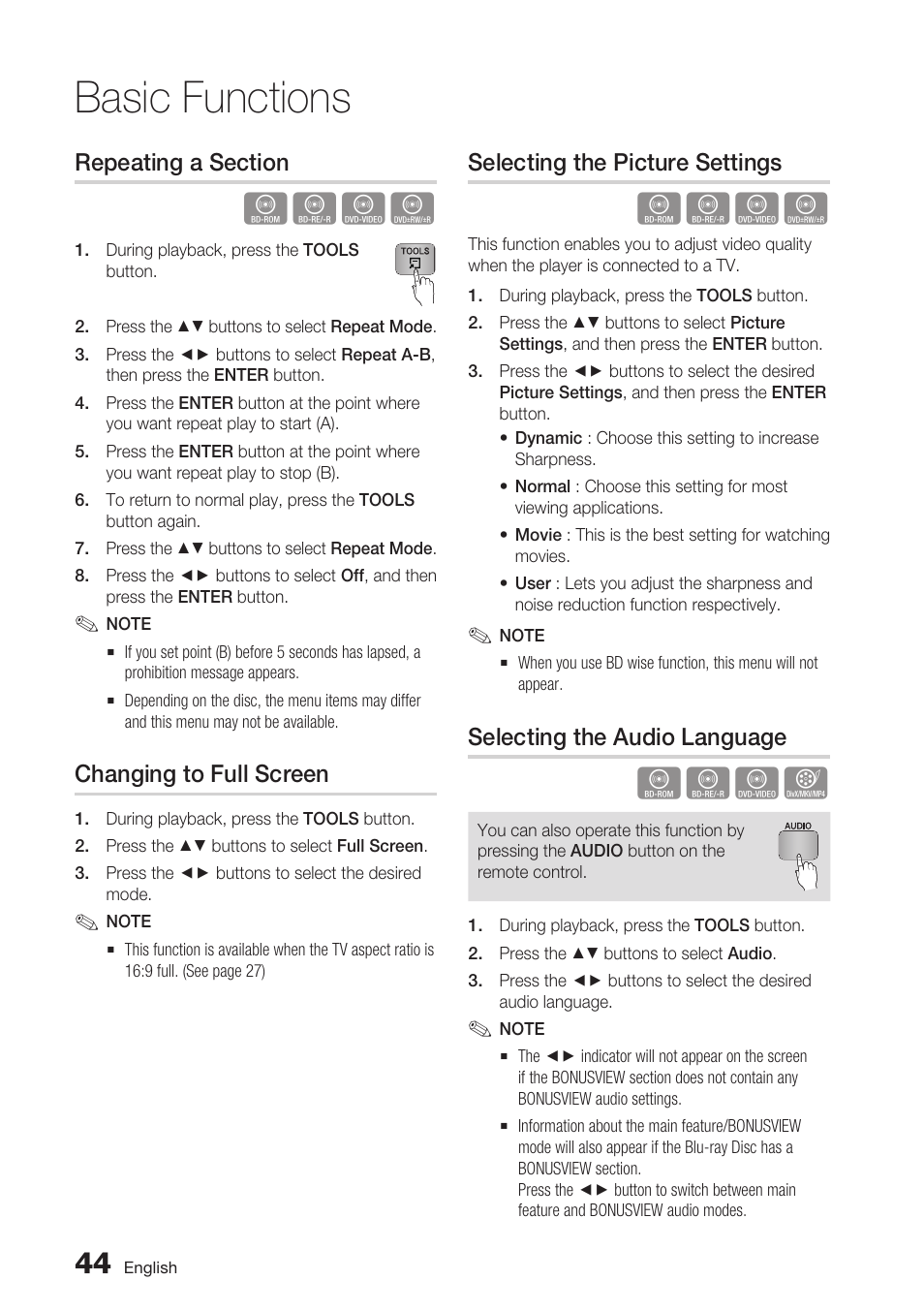Repeating a section, Changing to full screen, Selecting the picture settings | Selecting the audio language, Basic functions | Samsung BD-D5700 User Manual | Page 44 / 70