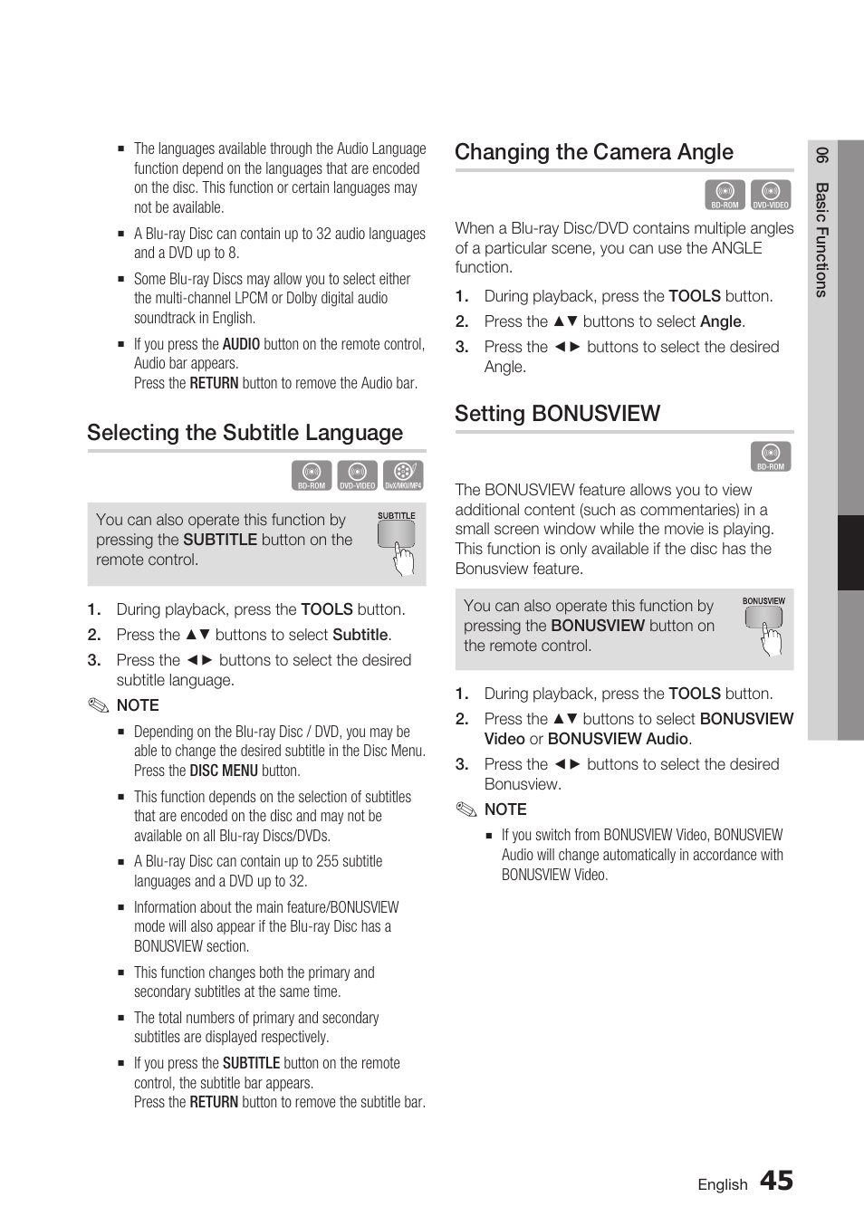 Selecting the subtitle language, Changing the camera angle, Setting bonusview | Samsung BD-D5700 User Manual | Page 45 / 70