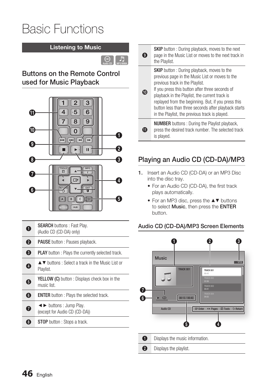 Listening to music, Playing an audio cd (cd-da)/mp3, Basic functions | Audio cd (cd-da)/mp3 screen elements | Samsung BD-D5700 User Manual | Page 46 / 70