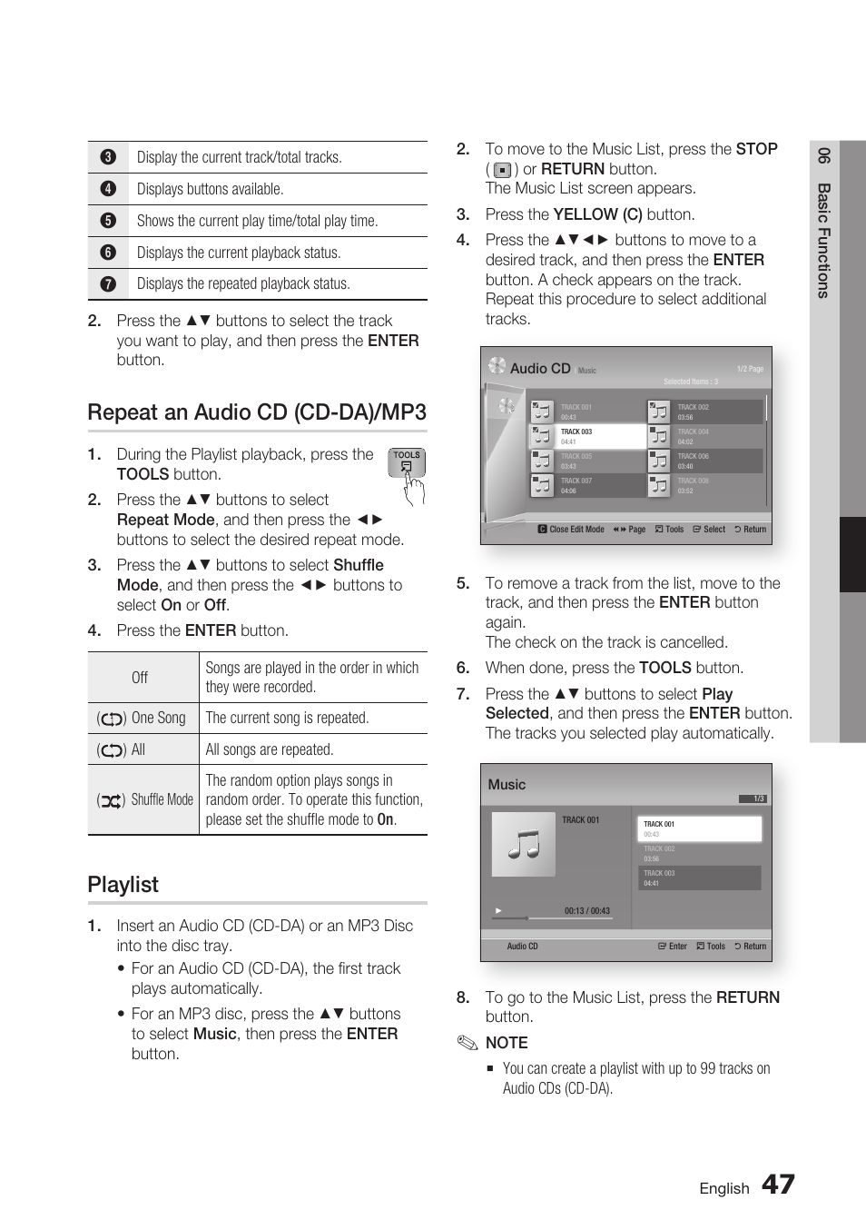 Repeat an audio cd (cd-da)/mp3, Playlist | Samsung BD-D5700 User Manual | Page 47 / 70