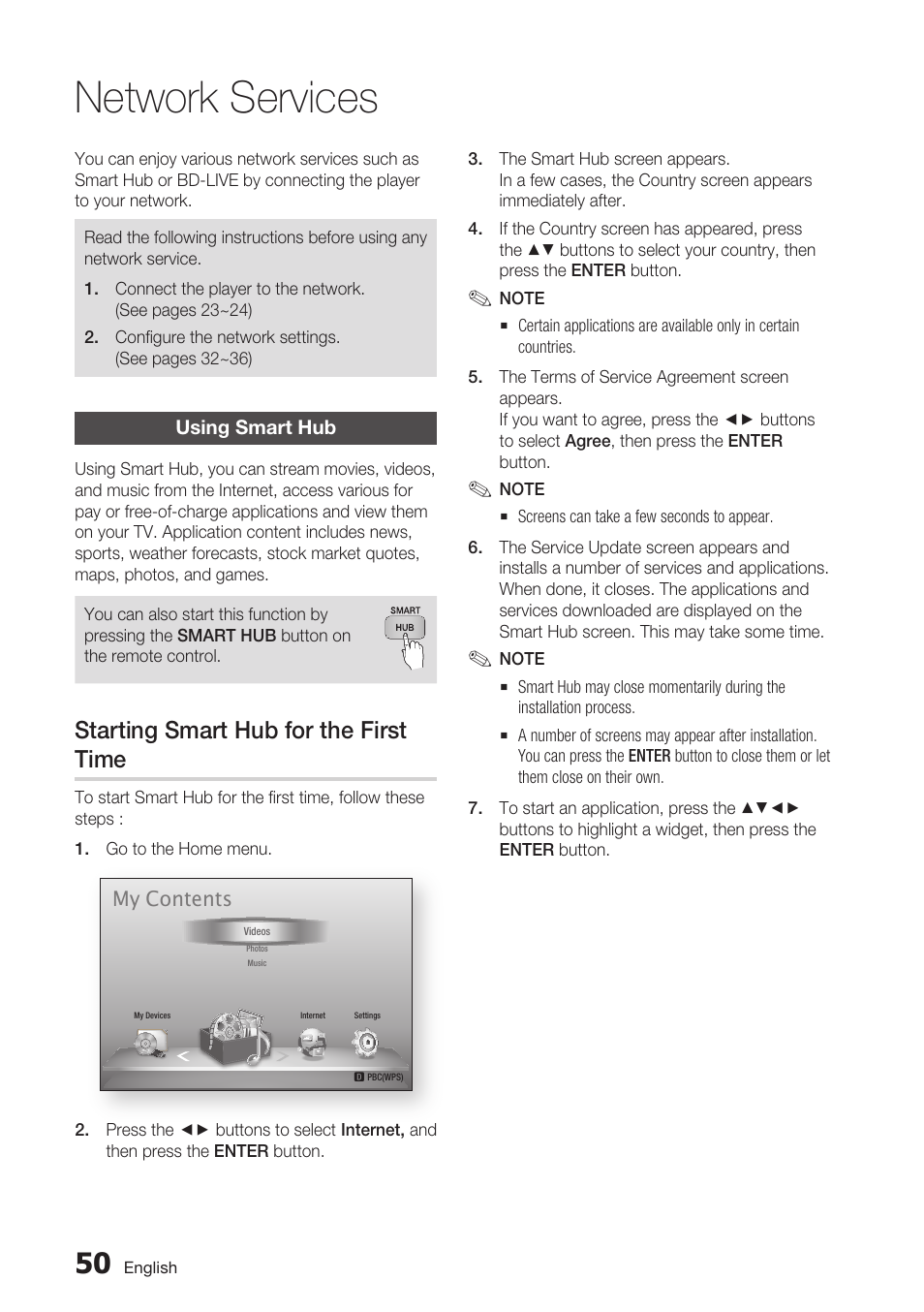 Network services, Using smart hub, Starting smart hub for the first time | Samsung BD-D5700 User Manual | Page 50 / 70