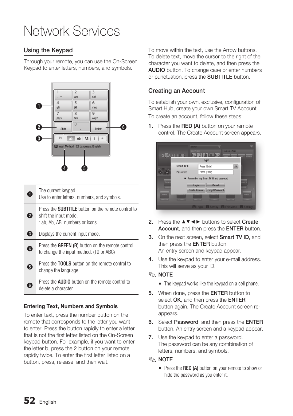 Network services, Using the keypad, Creating an account | Samsung BD-D5700 User Manual | Page 52 / 70