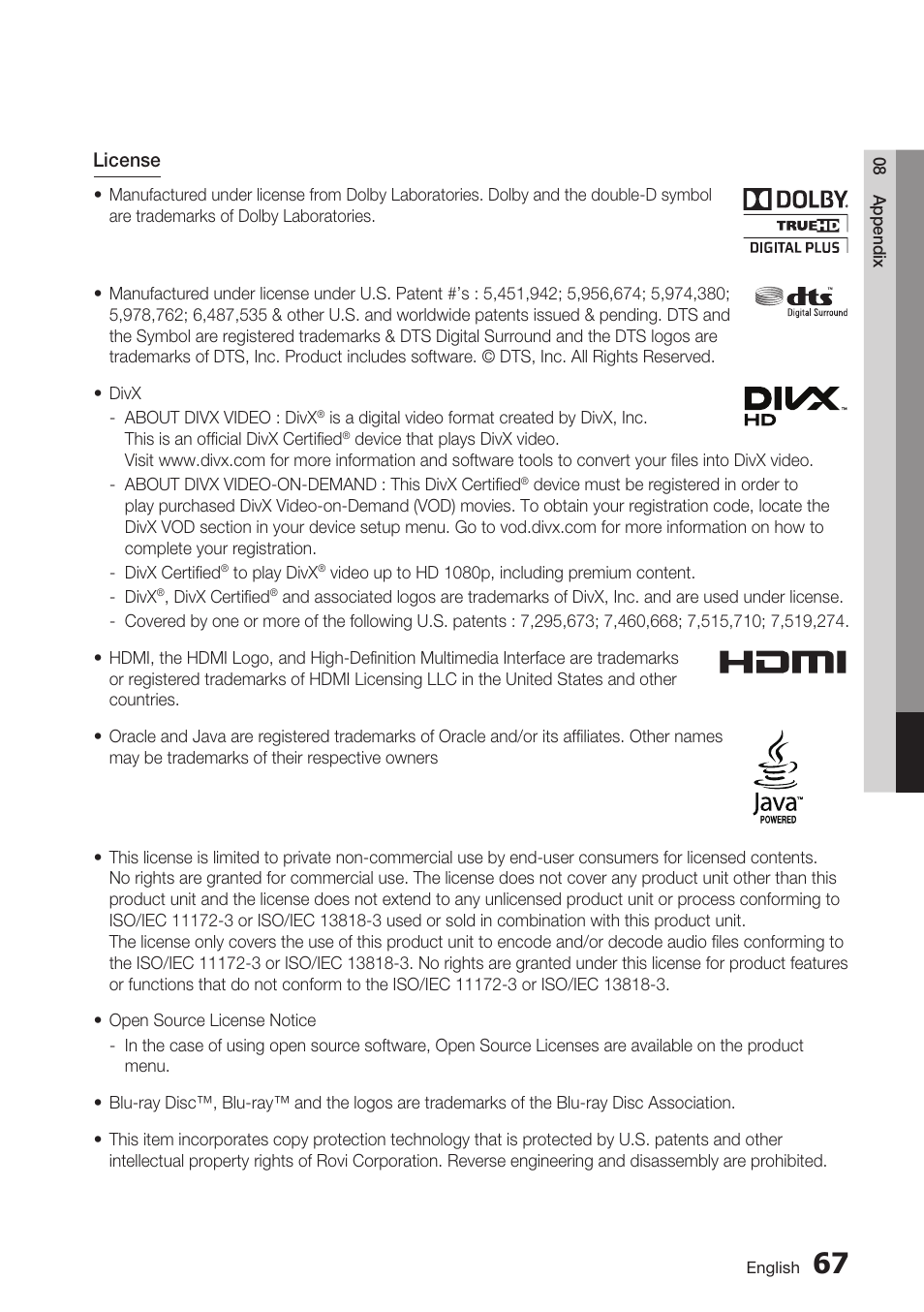 Samsung BD-D5700 User Manual | Page 67 / 70