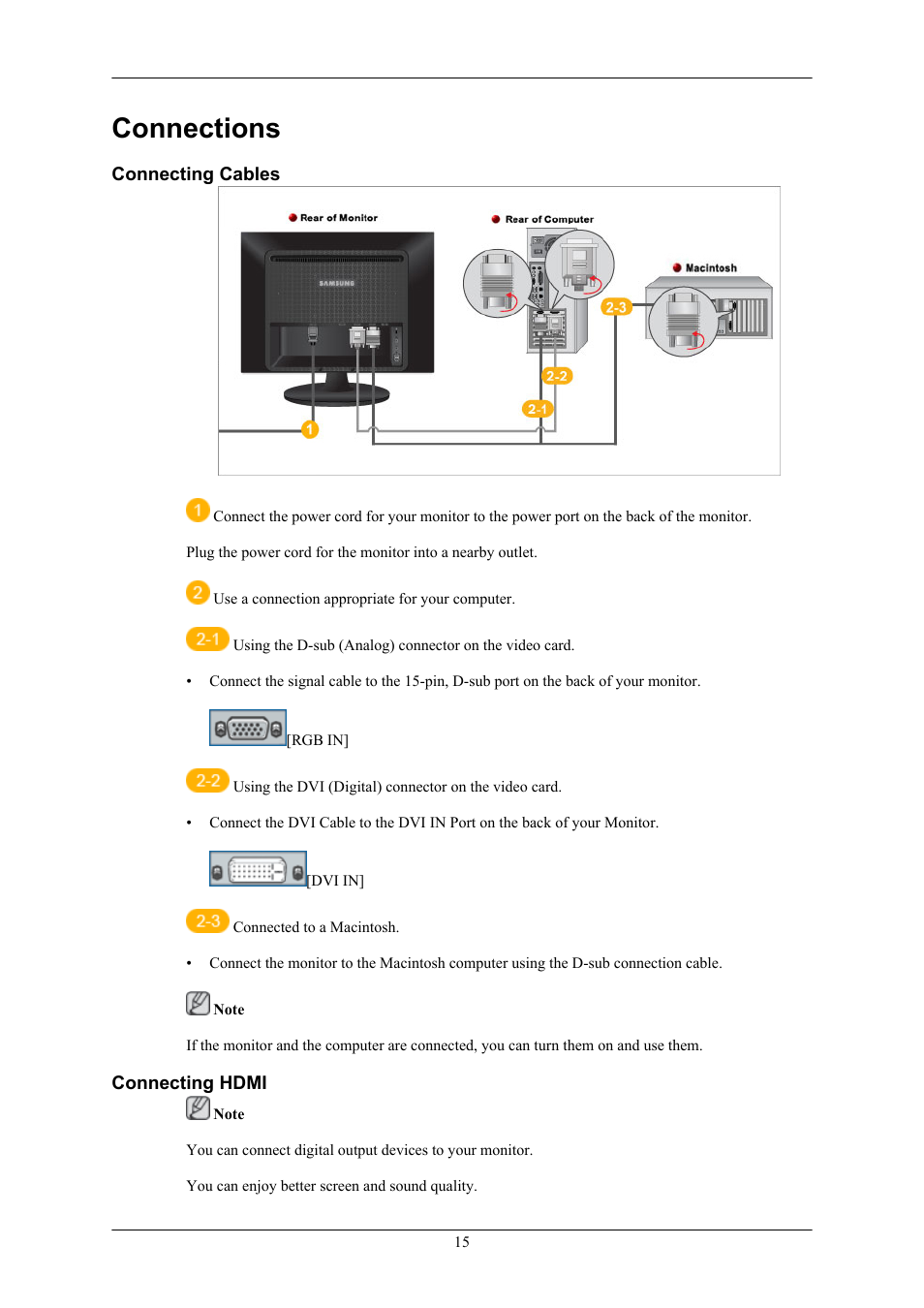 Connections, Connecting cables, Connecting hdmi | Samsung 2263UW User Manual | Page 16 / 88