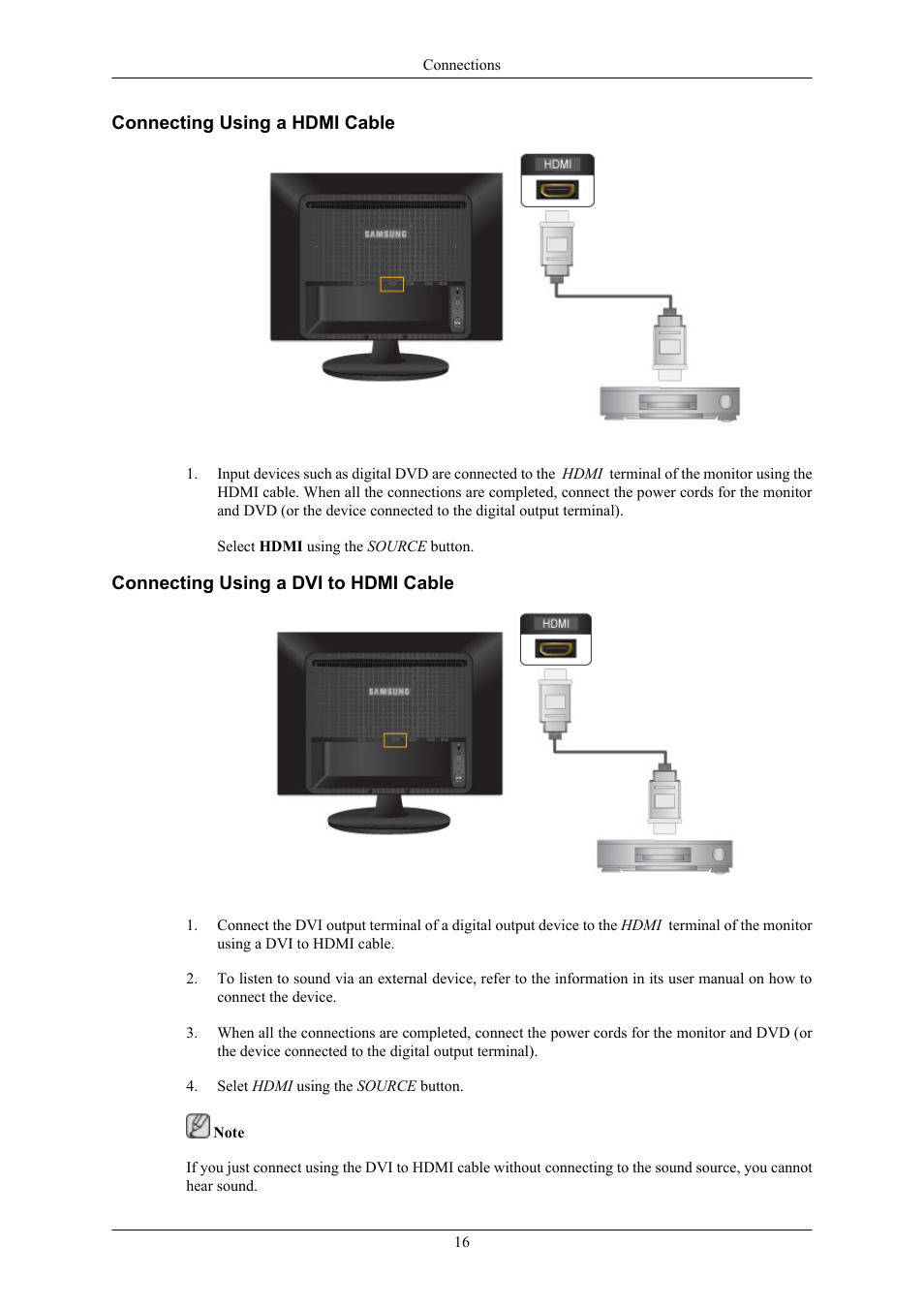 Connecting using a hdmi cable, Connecting using a dvi to hdmi cable | Samsung 2263UW User Manual | Page 17 / 88