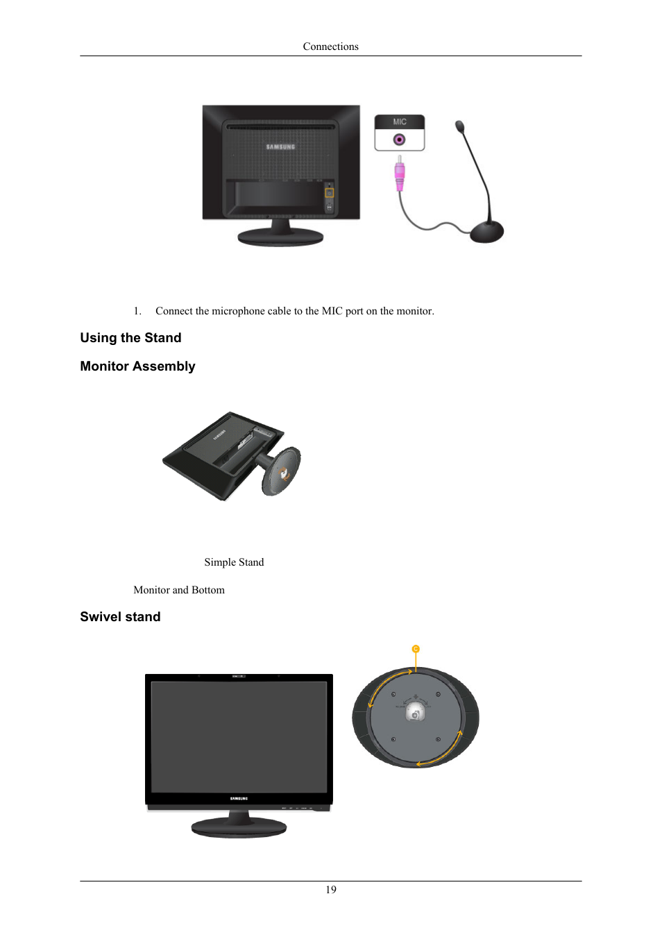Using the stand, Monitor assembly, Swivel stand | Samsung 2263UW User Manual | Page 20 / 88