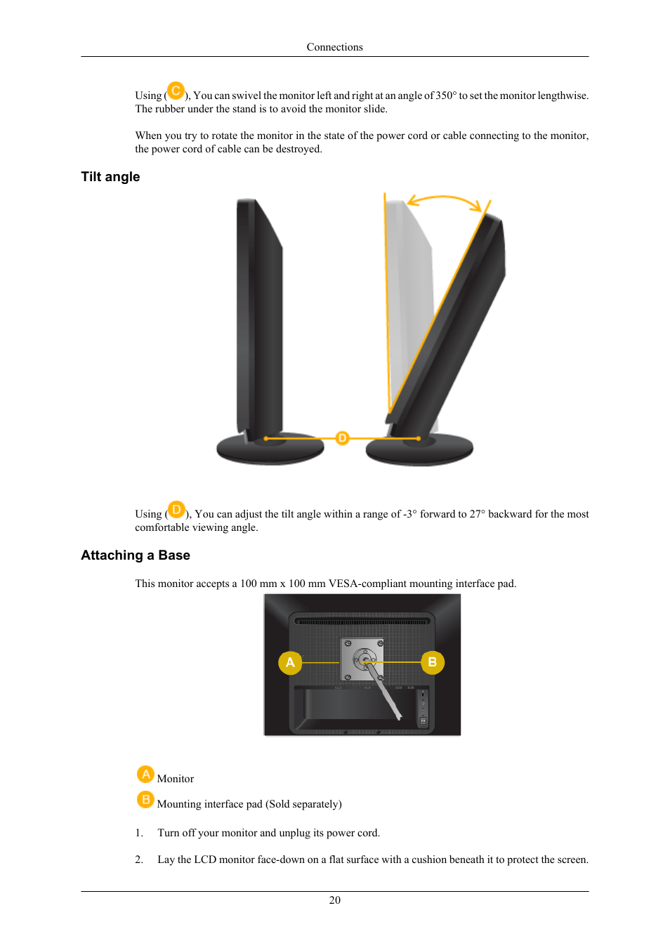 Tilt angle, Attaching a base | Samsung 2263UW User Manual | Page 21 / 88