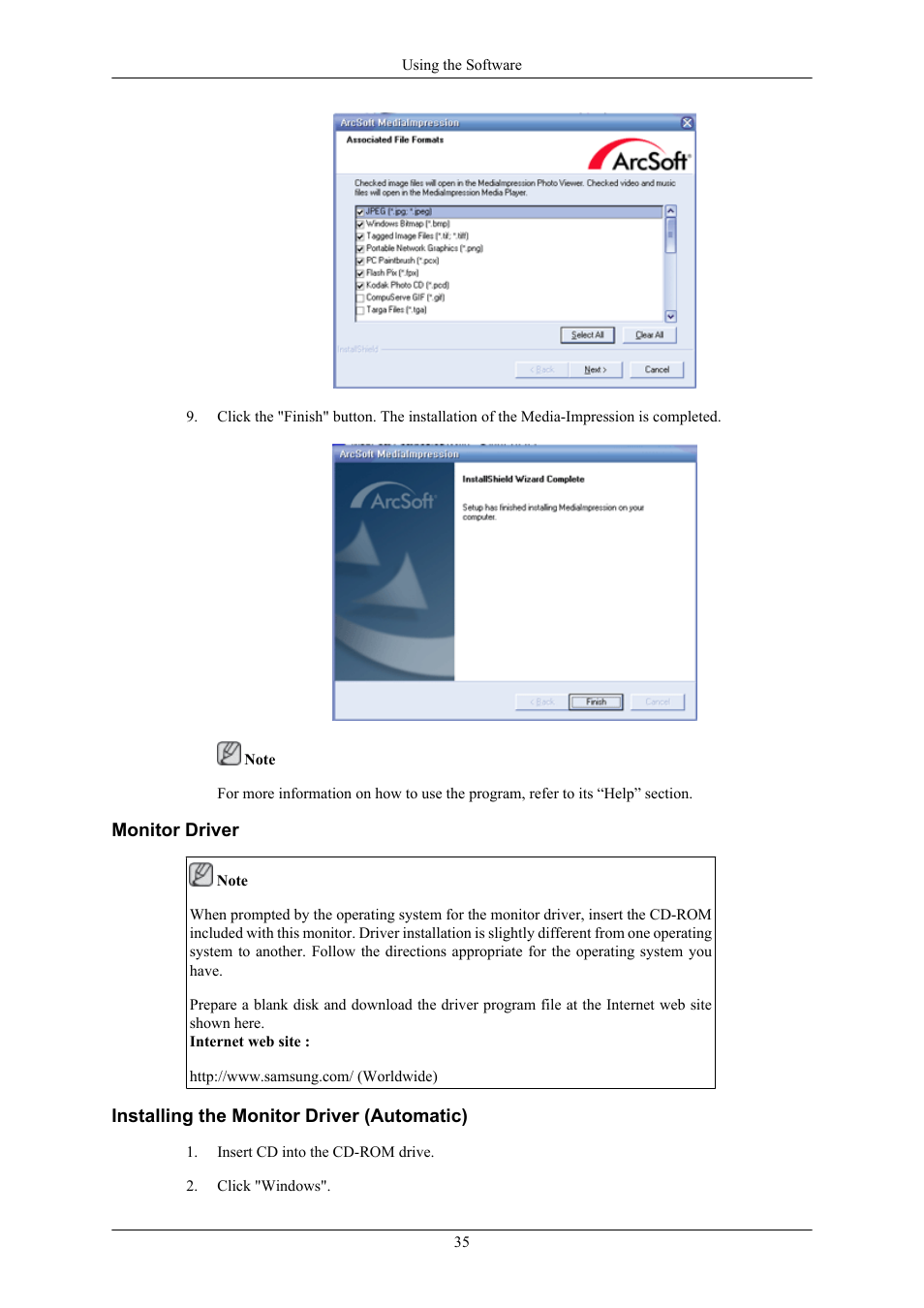 Monitor driver, Installing the monitor driver (automatic) | Samsung 2263UW User Manual | Page 36 / 88